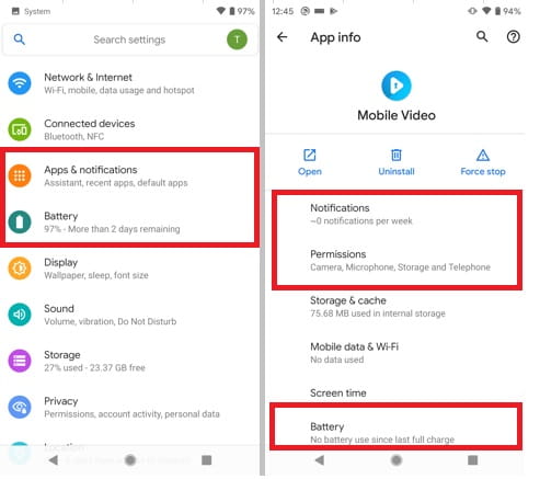 Smartphone settings example Google Pixel