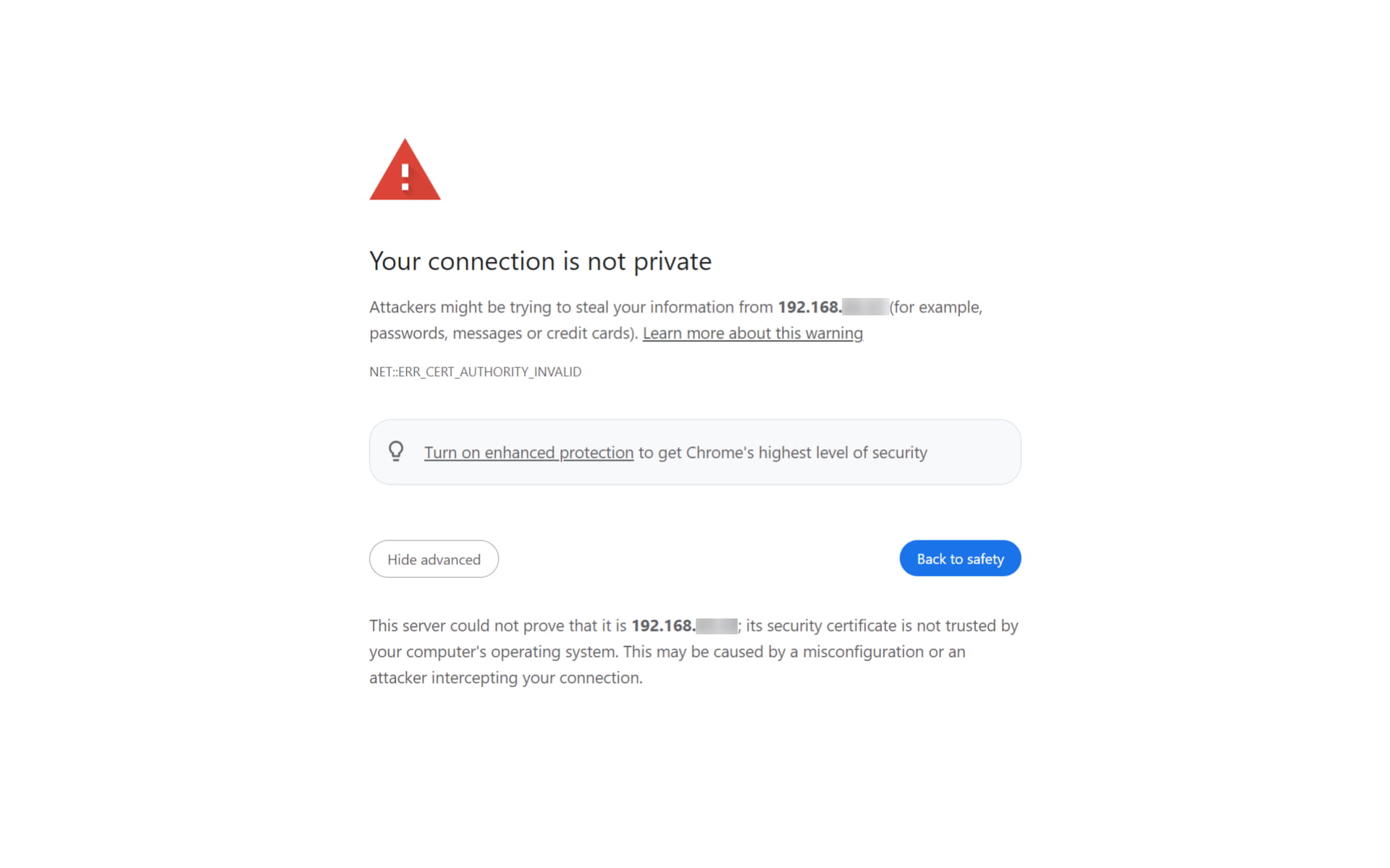 Chrome connection not private 2N device web interface