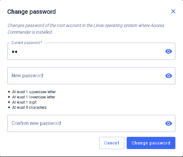 Image showing Access Commander dialog window for changing root password.
