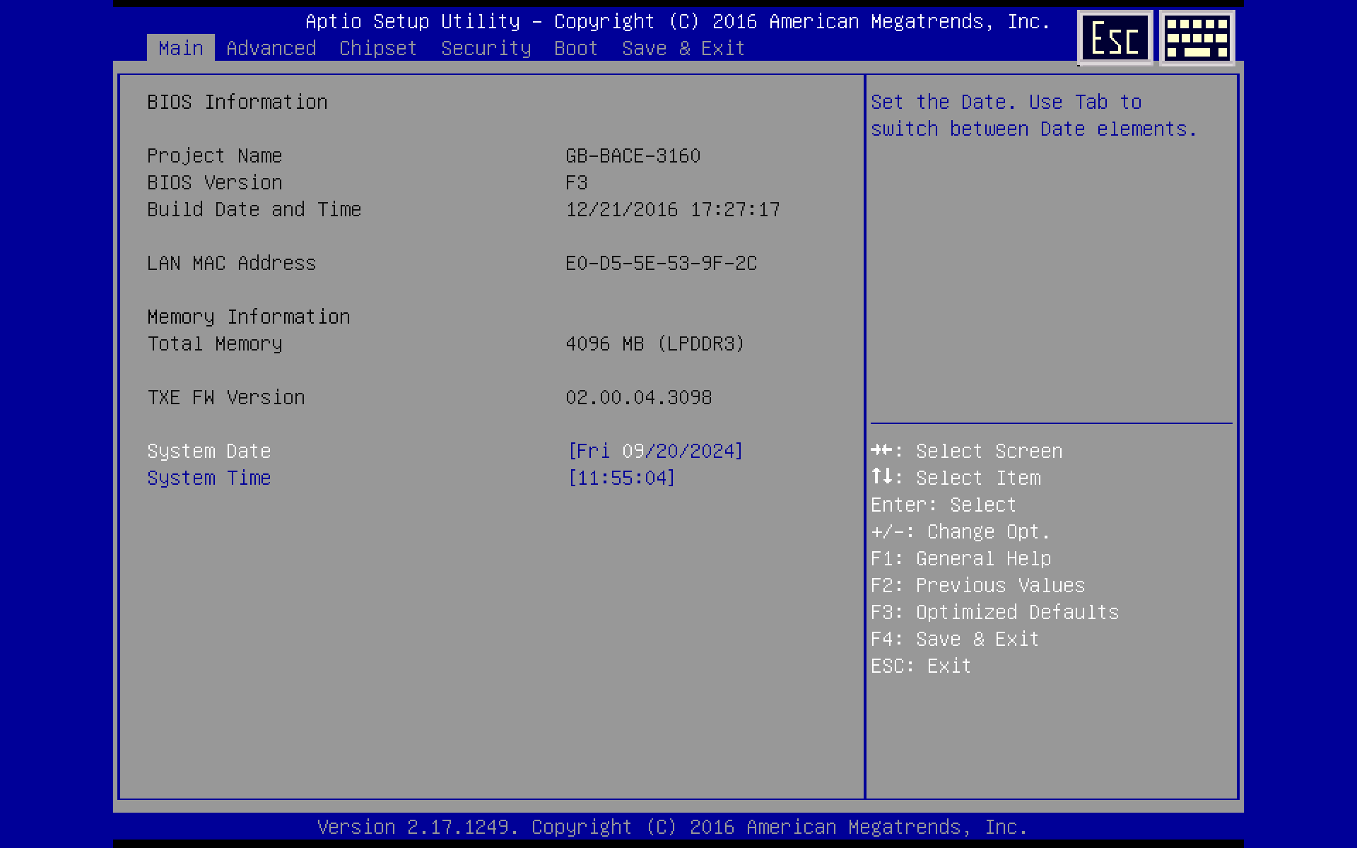 Main screen of 2N Access Commander Box BIOS