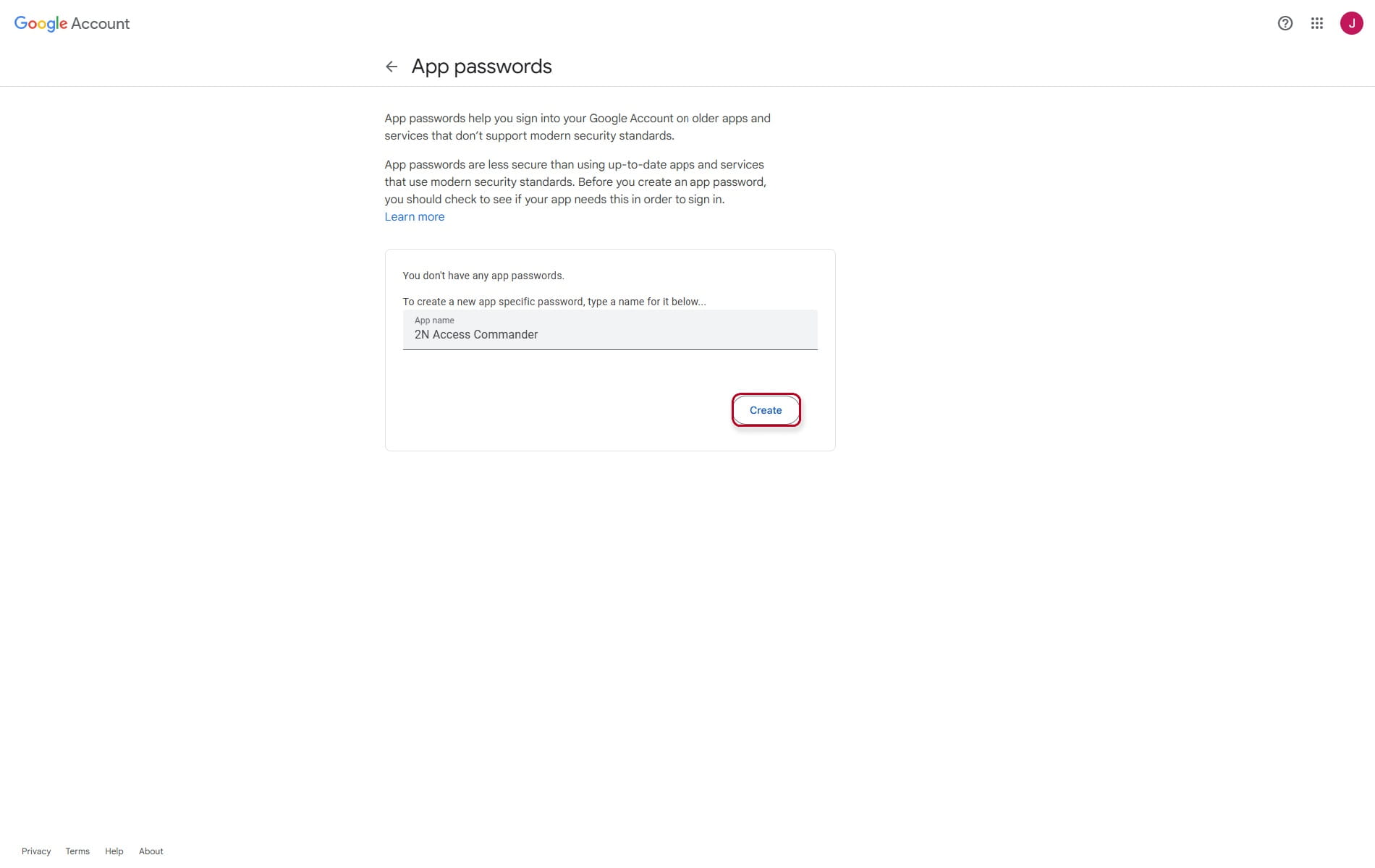 Creation of app Password