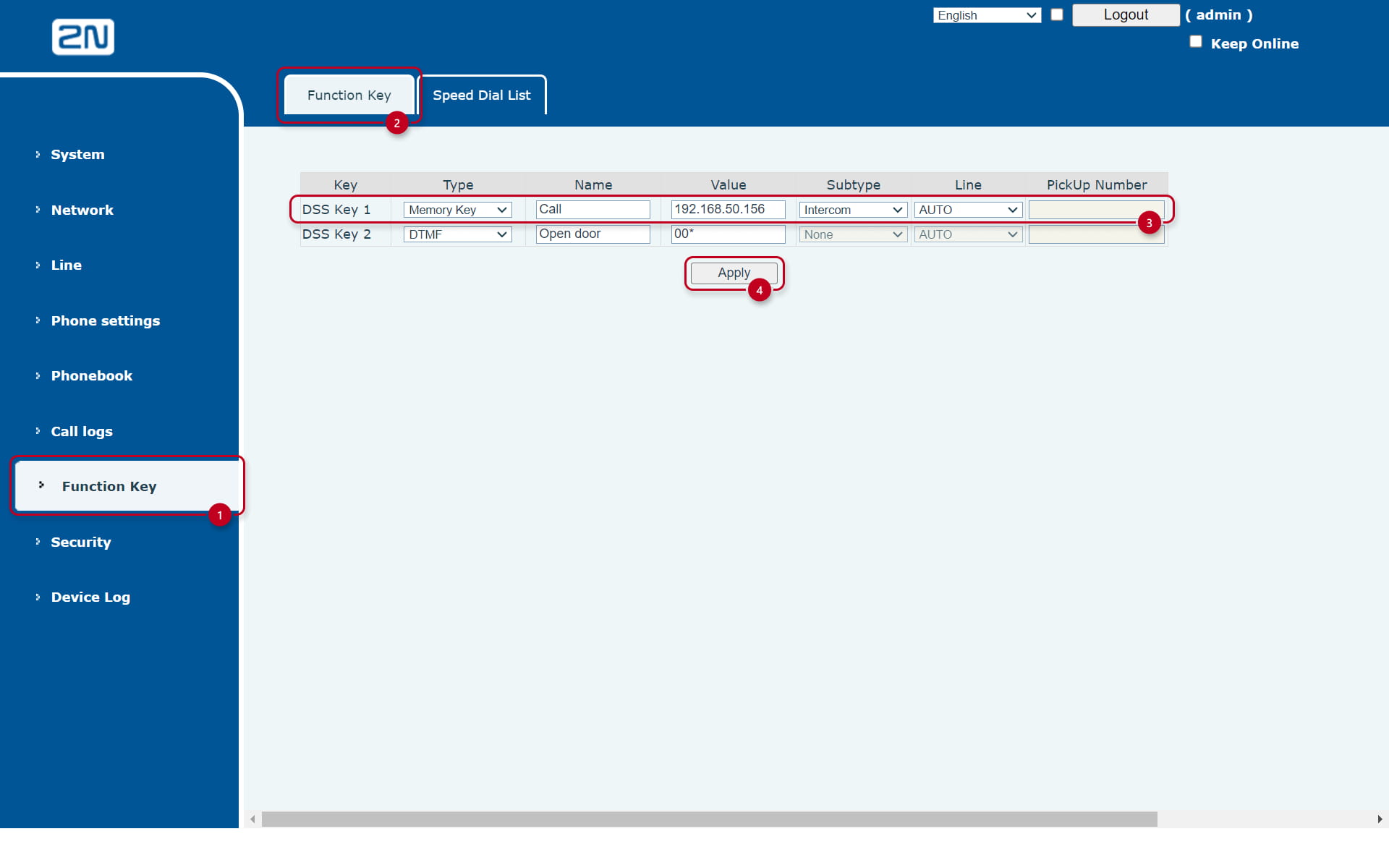 2N IP Handset OS quick dial button settings