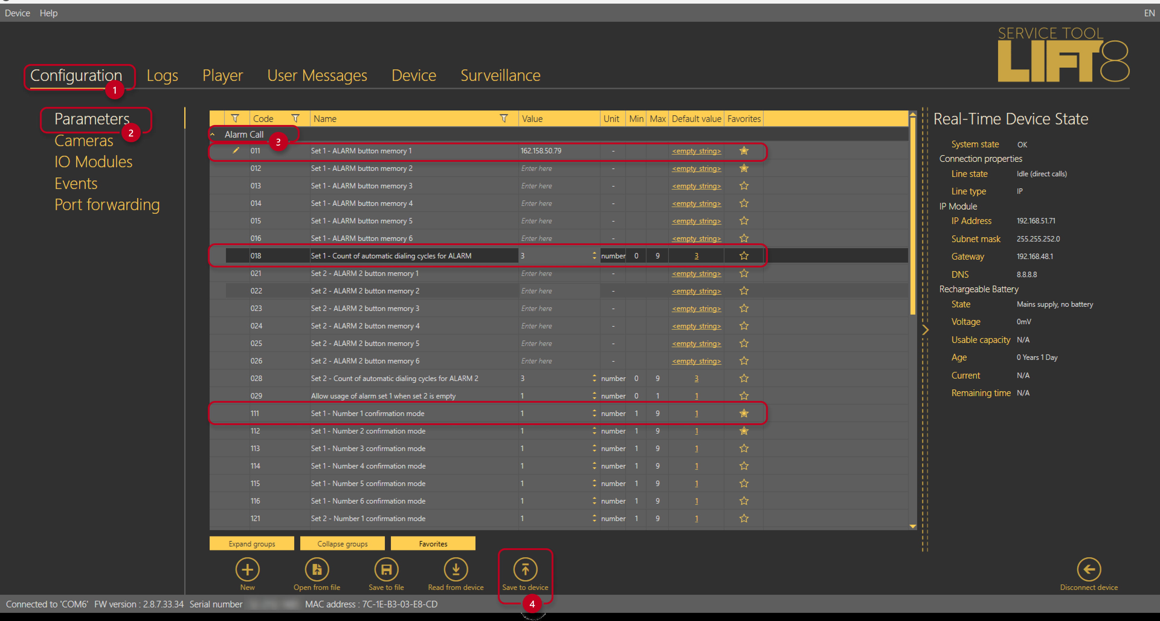 Alarm call parameters