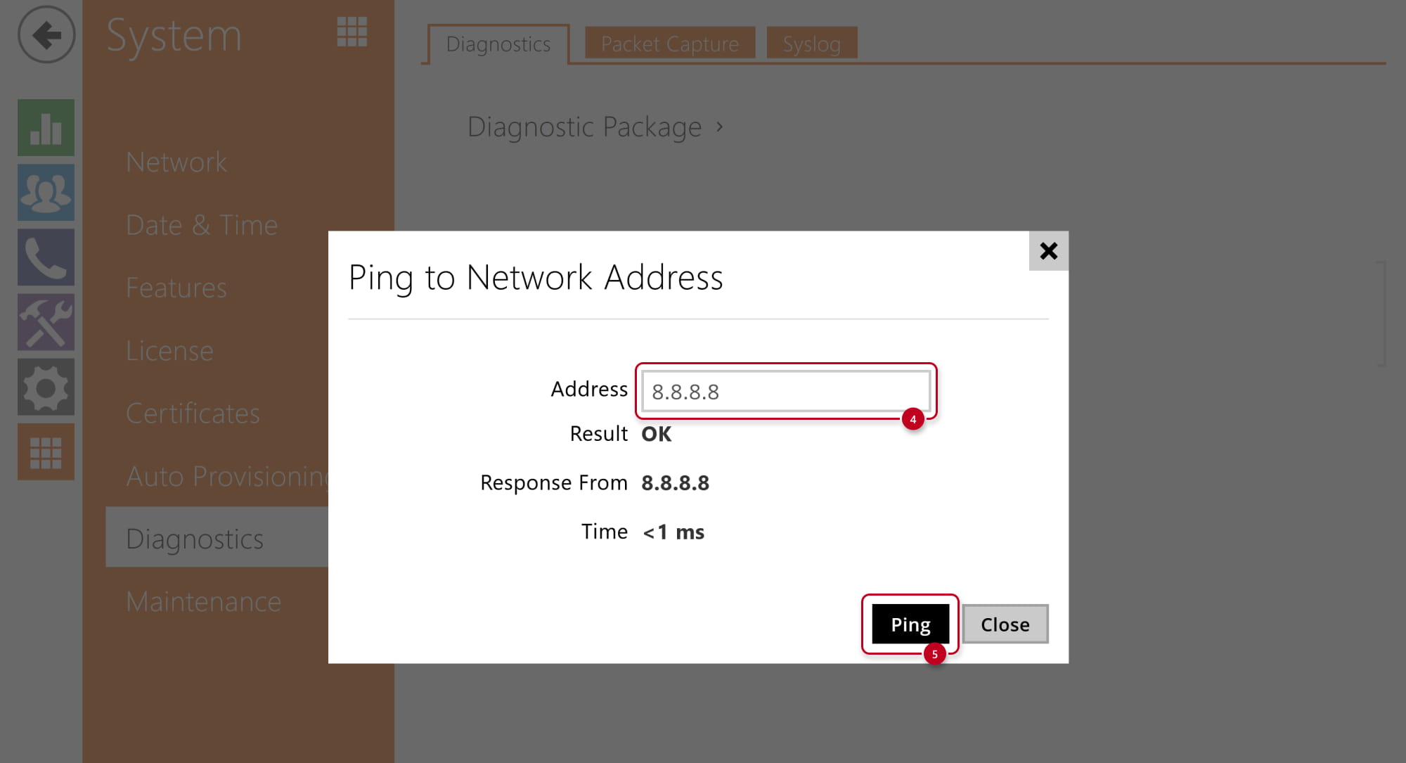 2N IP Intercom - System - Diagnostis - Ping - Address