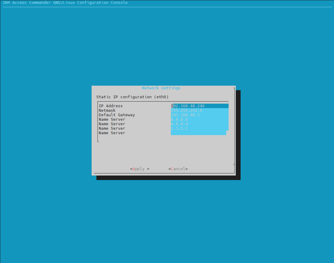 Image showing Access Commander's Linux console settings