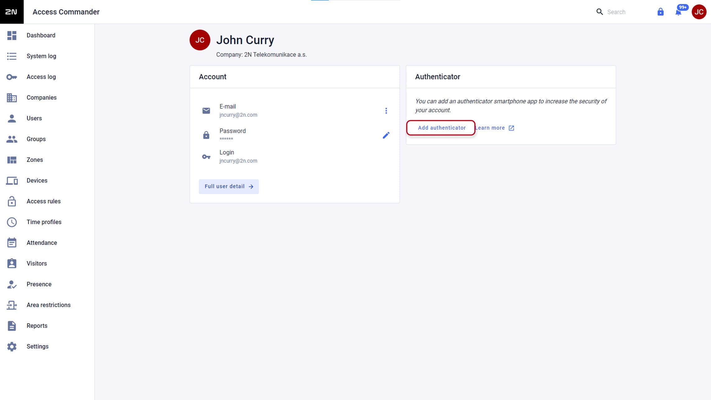 Image from series, which shows where to set 2FA as any user in 2N Access Commander