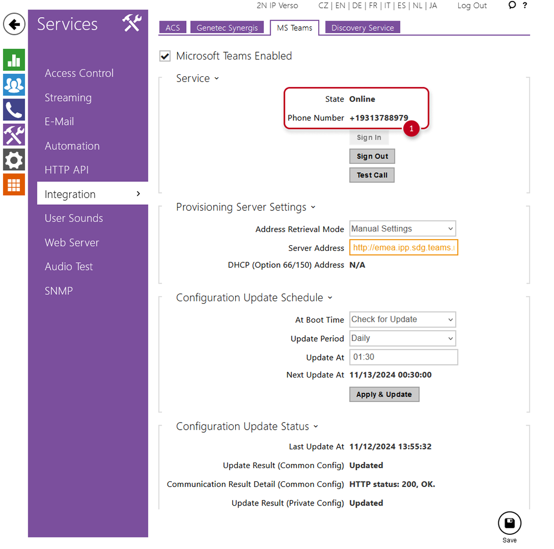 Intercom interface with registration state online and assigned phone number