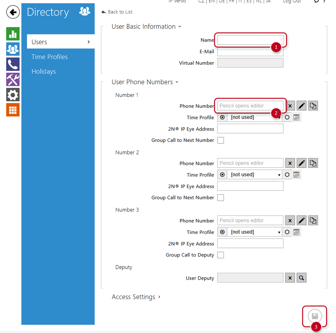 2N Intercom users page with contact fields - name, phone number