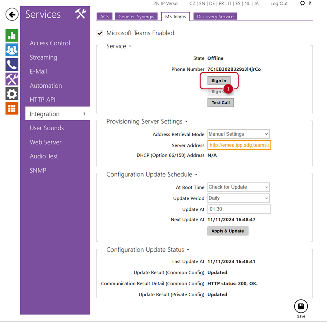 Integration page with MS teams tab