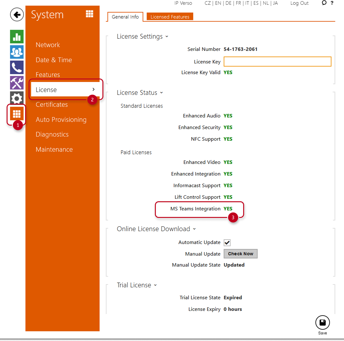 License page with MS Teams Integration license line