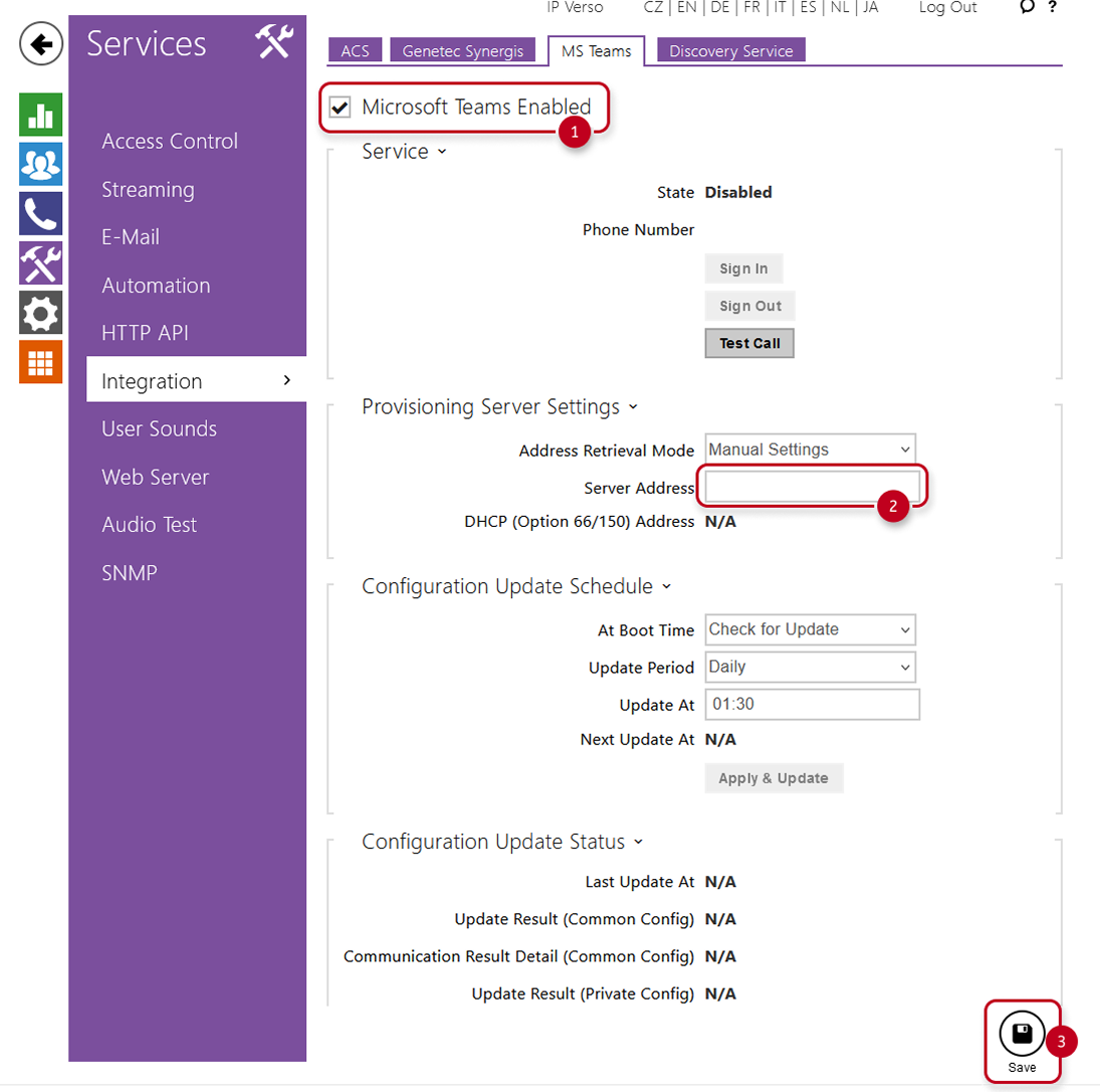Integration page with Microsoft Teams tab and server address field