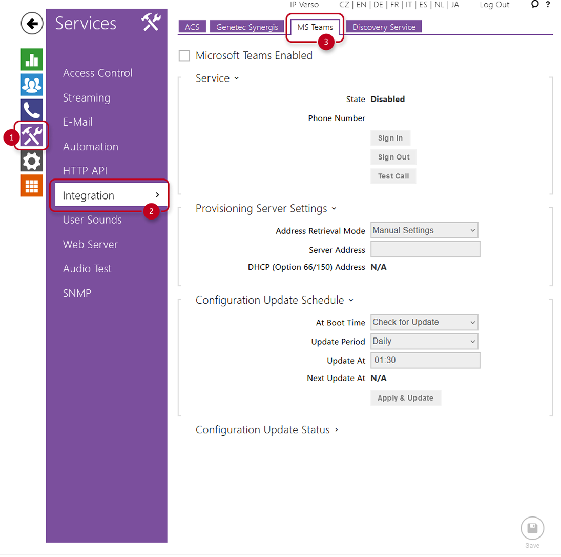 Integration page with Microsoft Teams tab