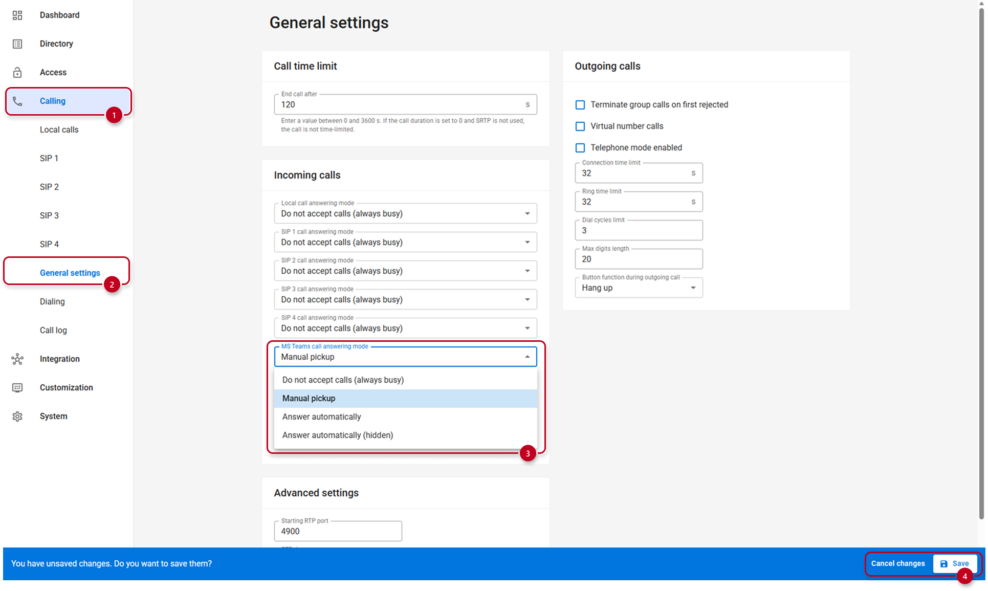 Answering mode setup for MS Teams