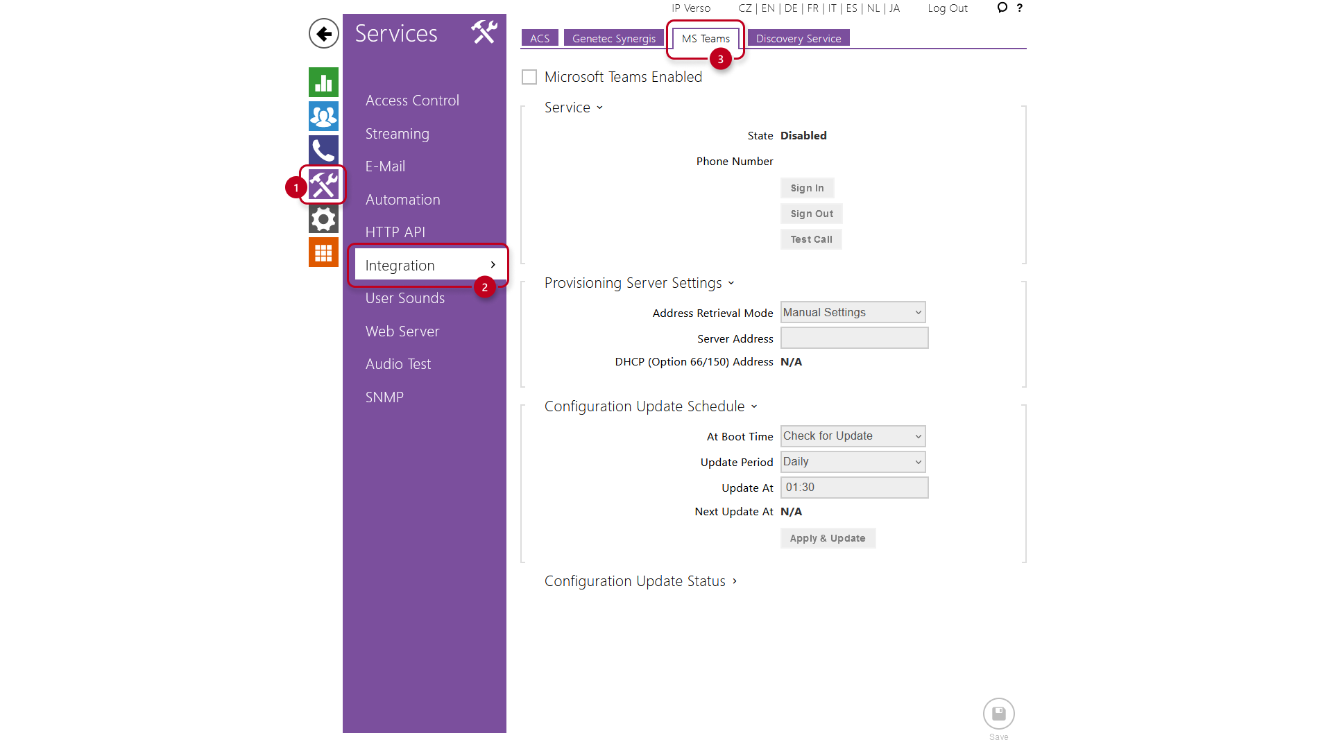 Integration page with Microsoft Teams tab