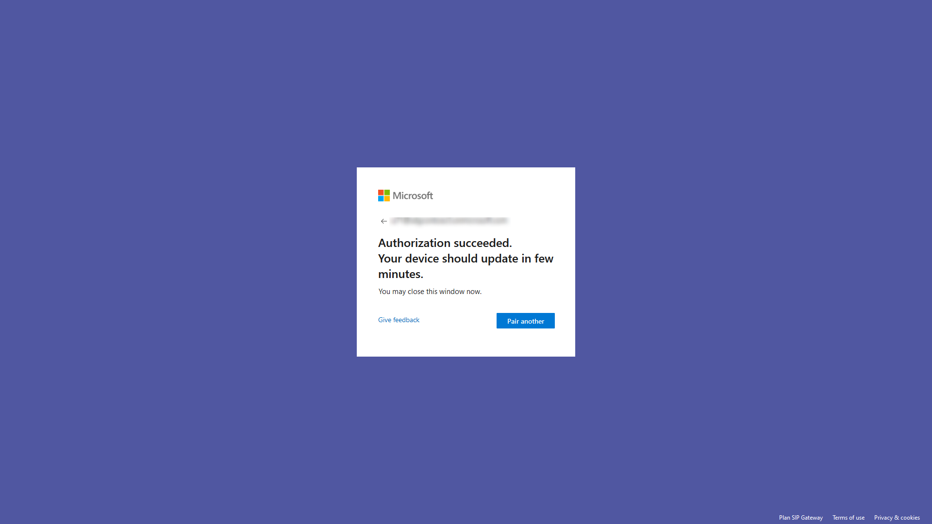 Microsoft pairing website with text authorization succeeded