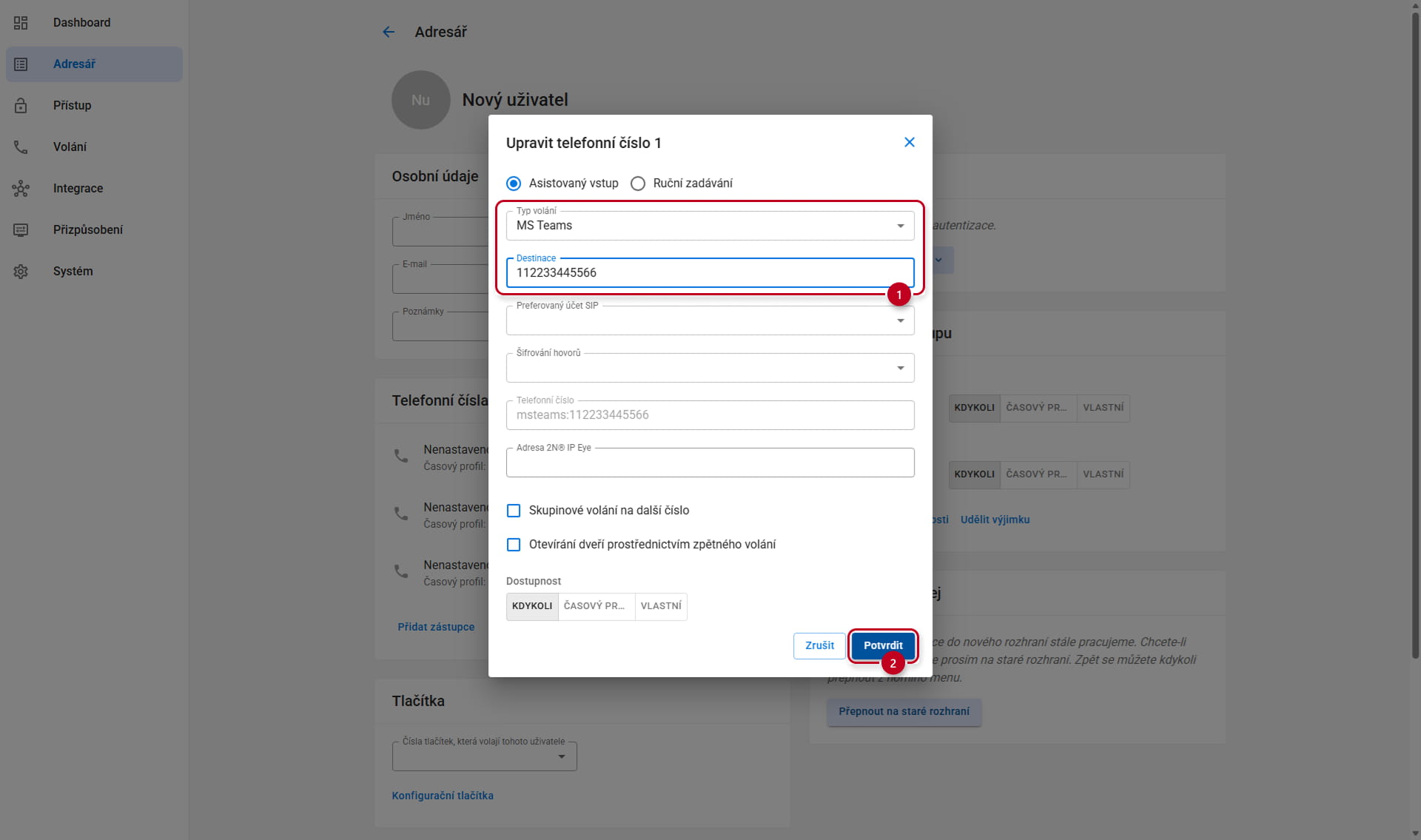 Přidání telefonního čísla MS Teams uživateli