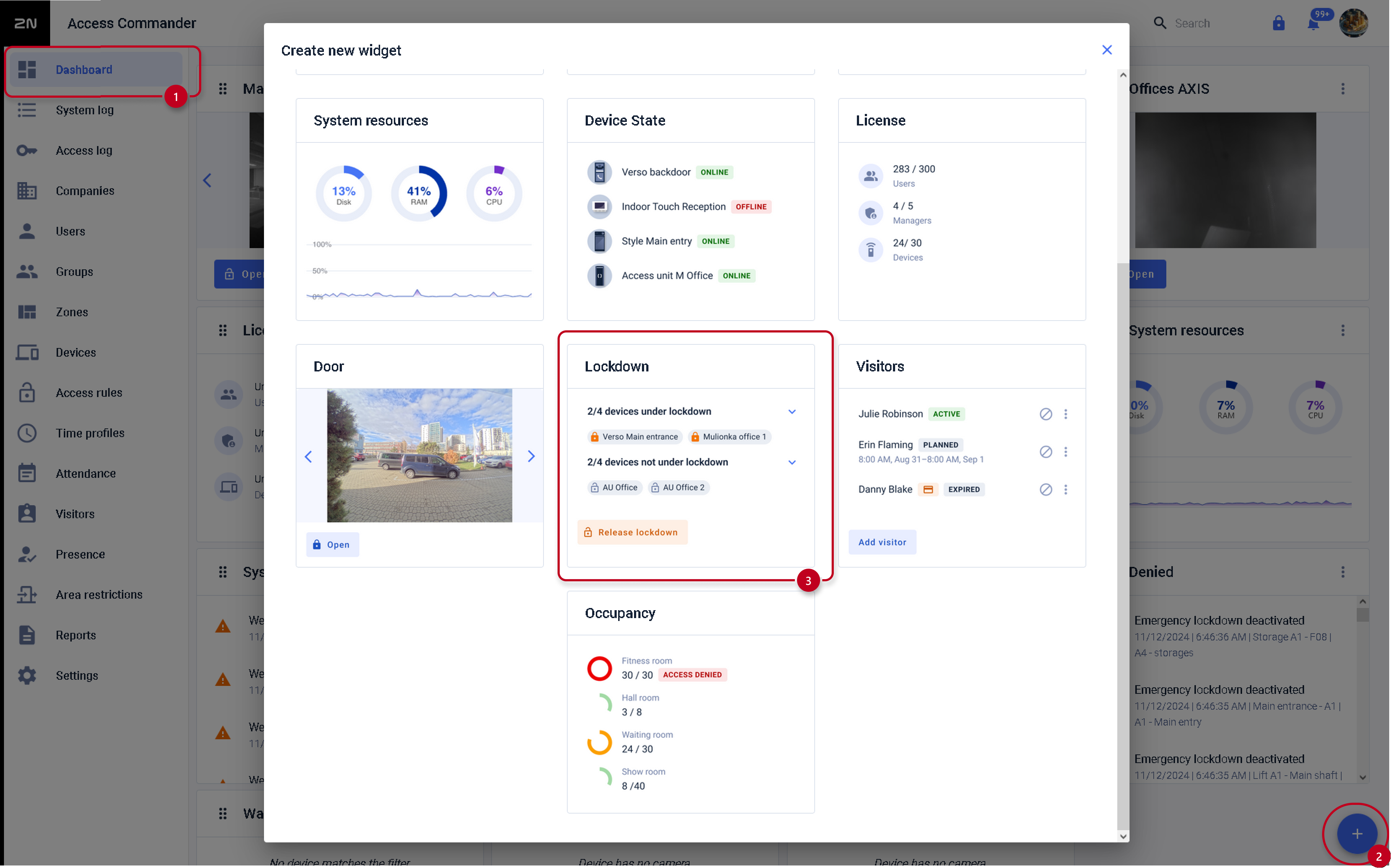 Image montrant la fonction lockdown via un widget du tableau de bord.