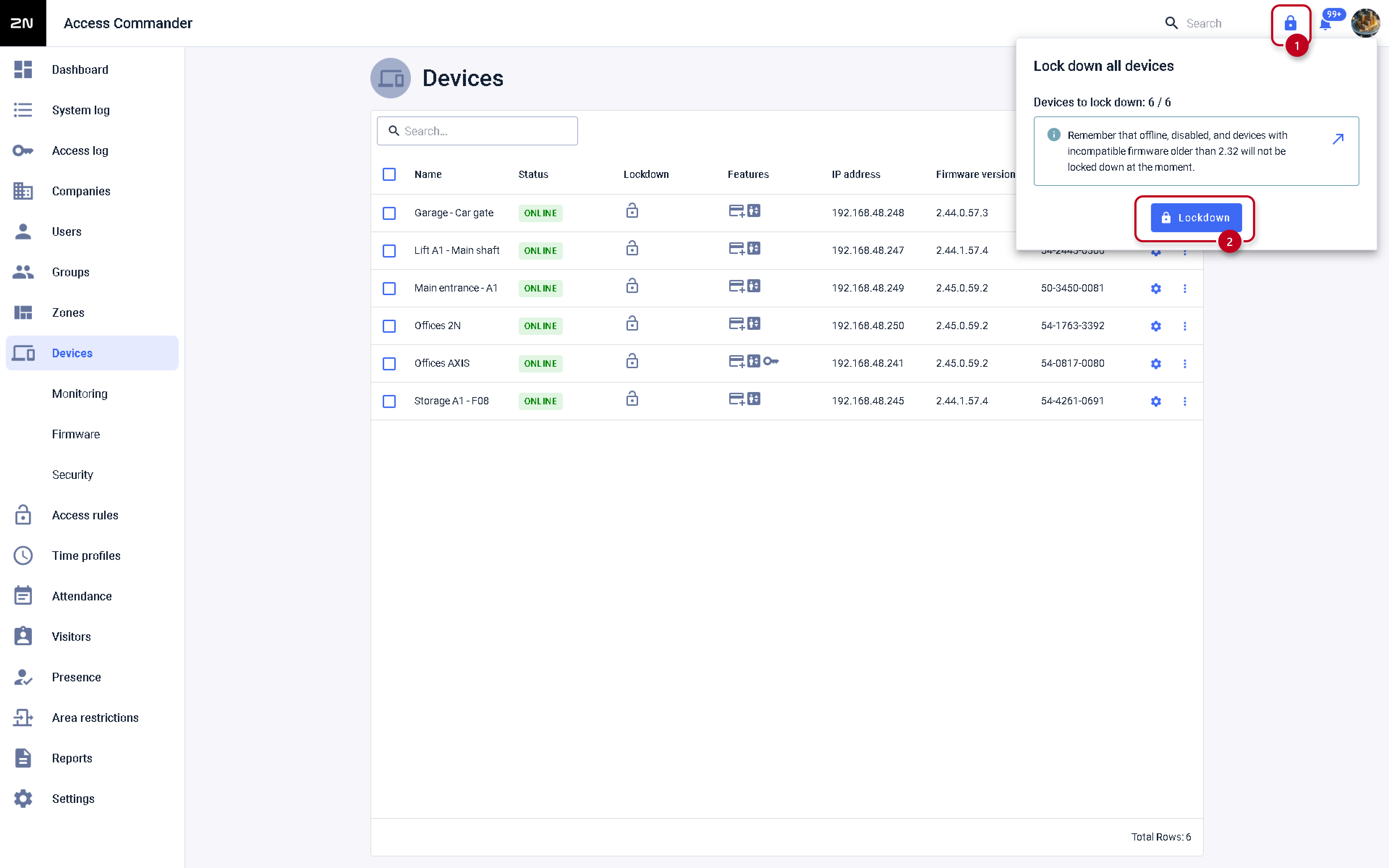 Image montrant la fonction lockdown au niveau global de 2N Access Commander.
