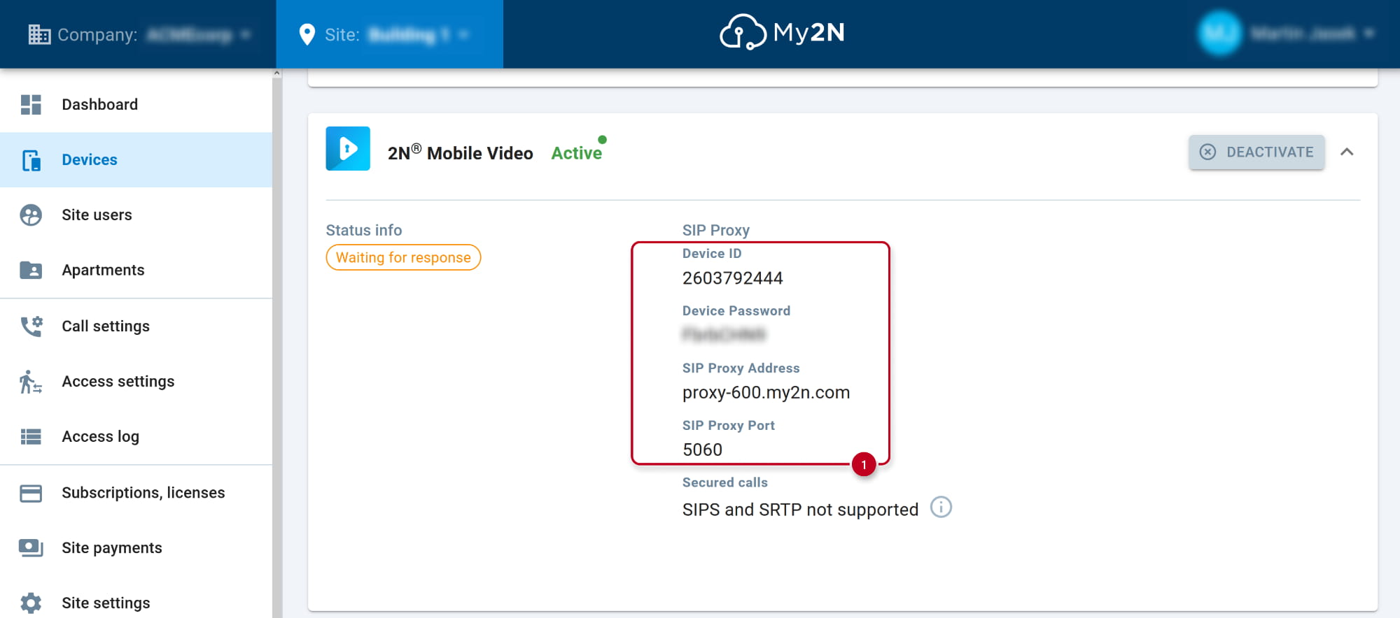 Axis network intercom in My2N - SIP Proxy details