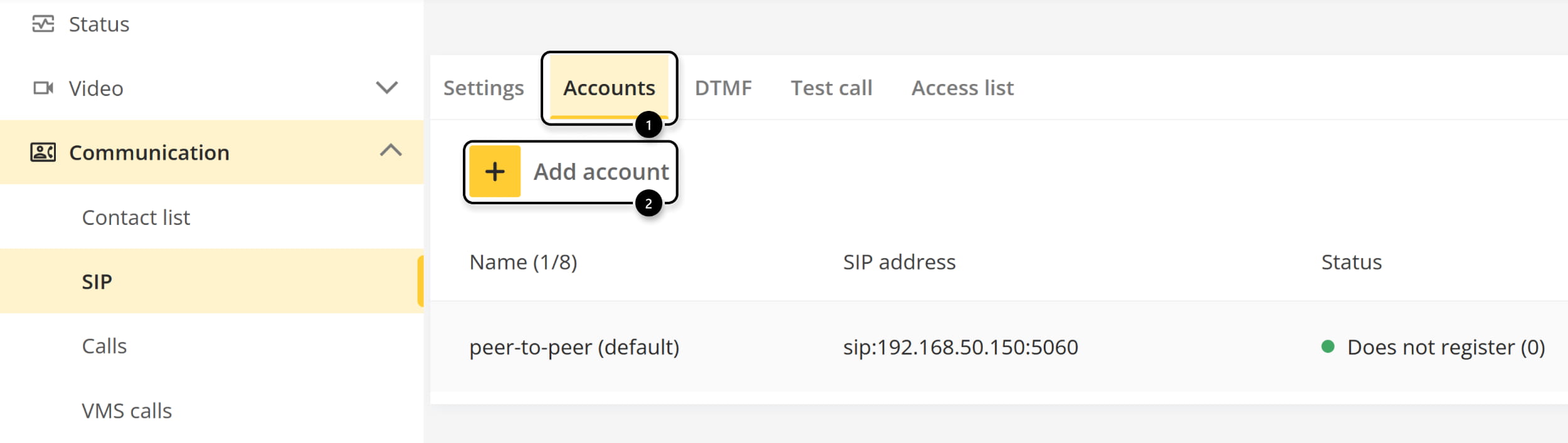 Axis network intercom - add a new SIP account