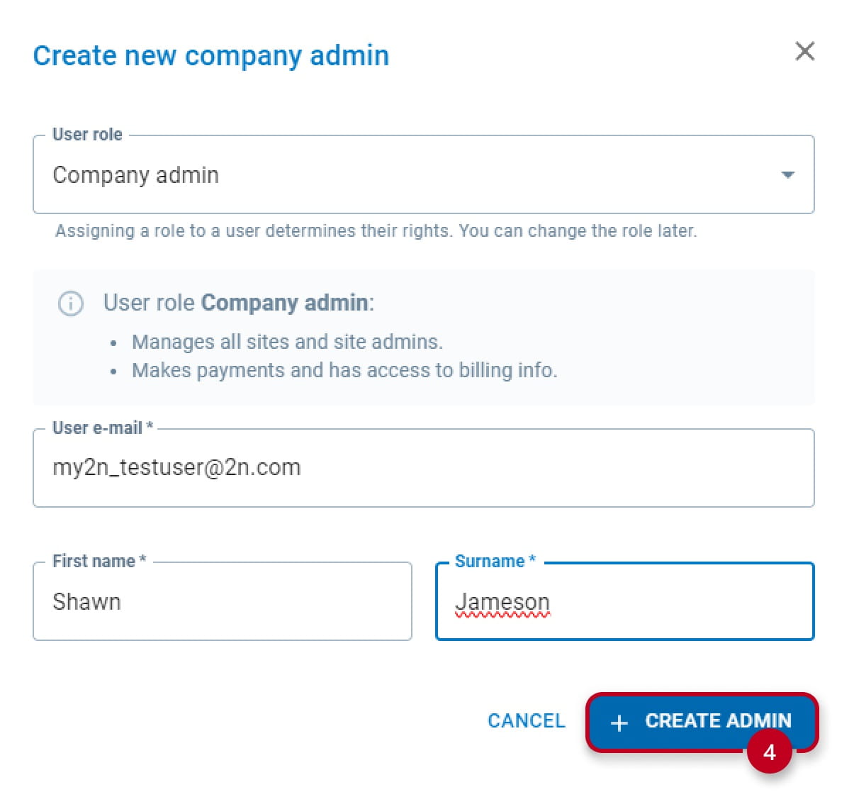 My2N Admin User Creation