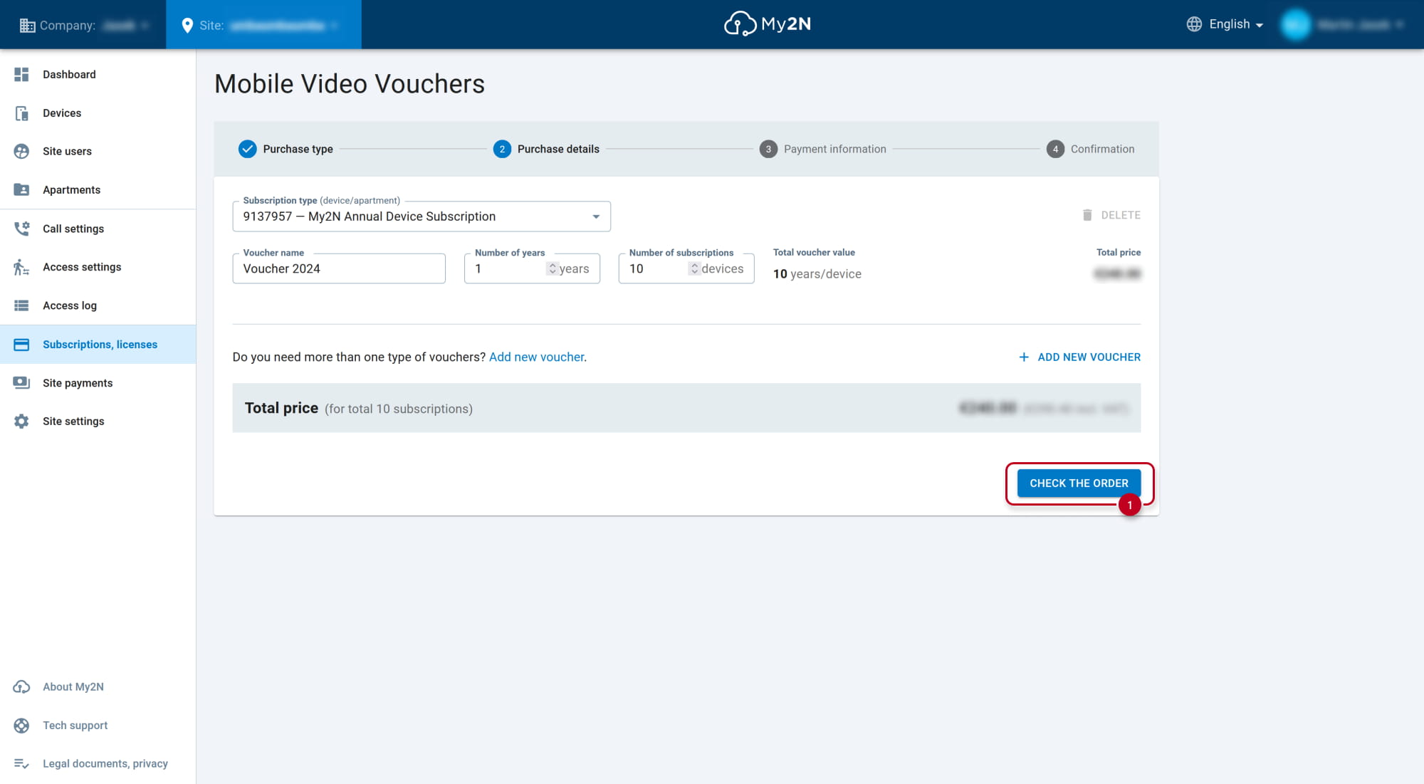 My2N - Subscriptions - 2N Mobile Video Vouchers - Annual Device Subscription - Check the order