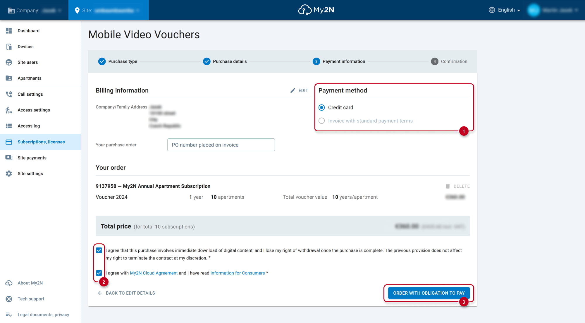 My2N - Subscriptions - 2N Mobile Video Vouchers - Payment information