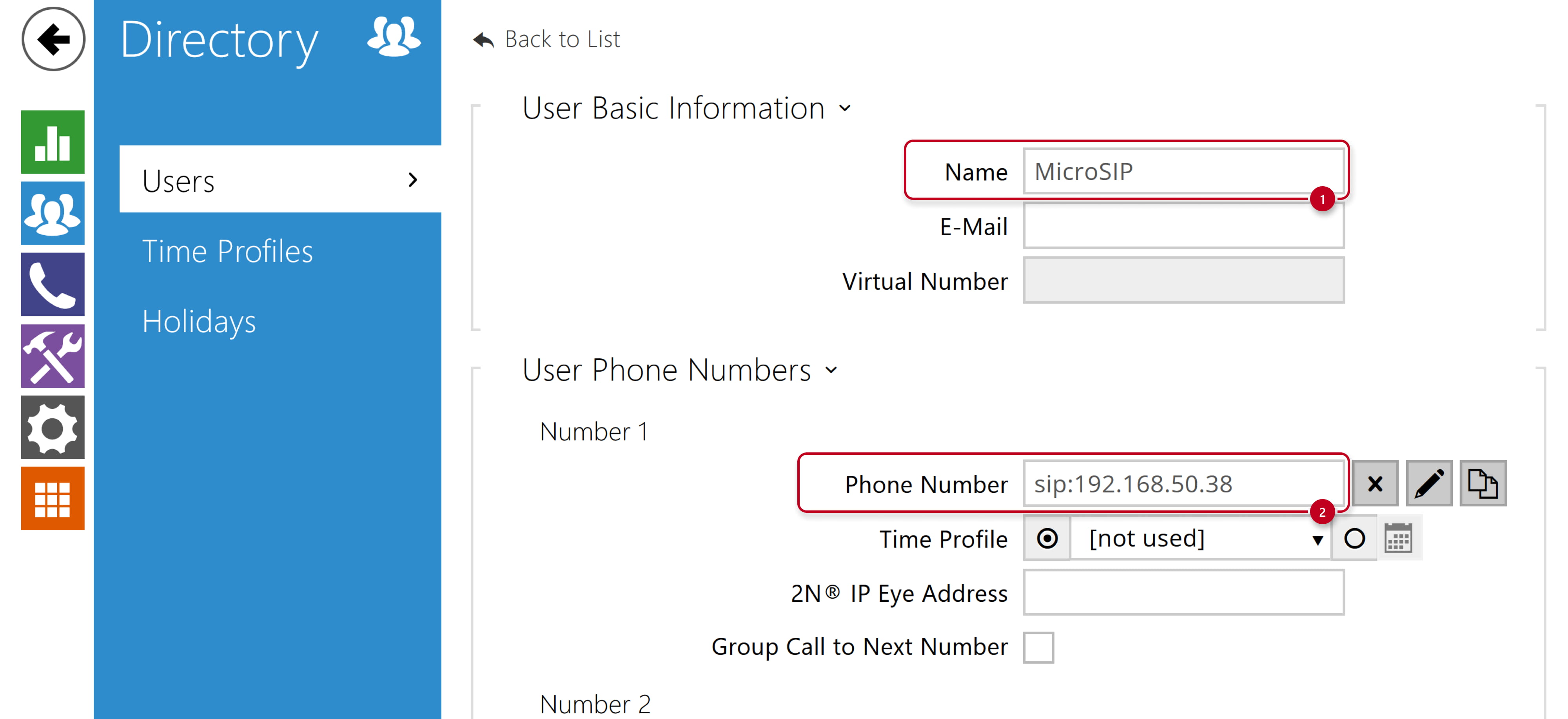 2N IP Intercom - Verzeichnis - Benutzer - Neuer Benutzer - Name und Telefonnummer