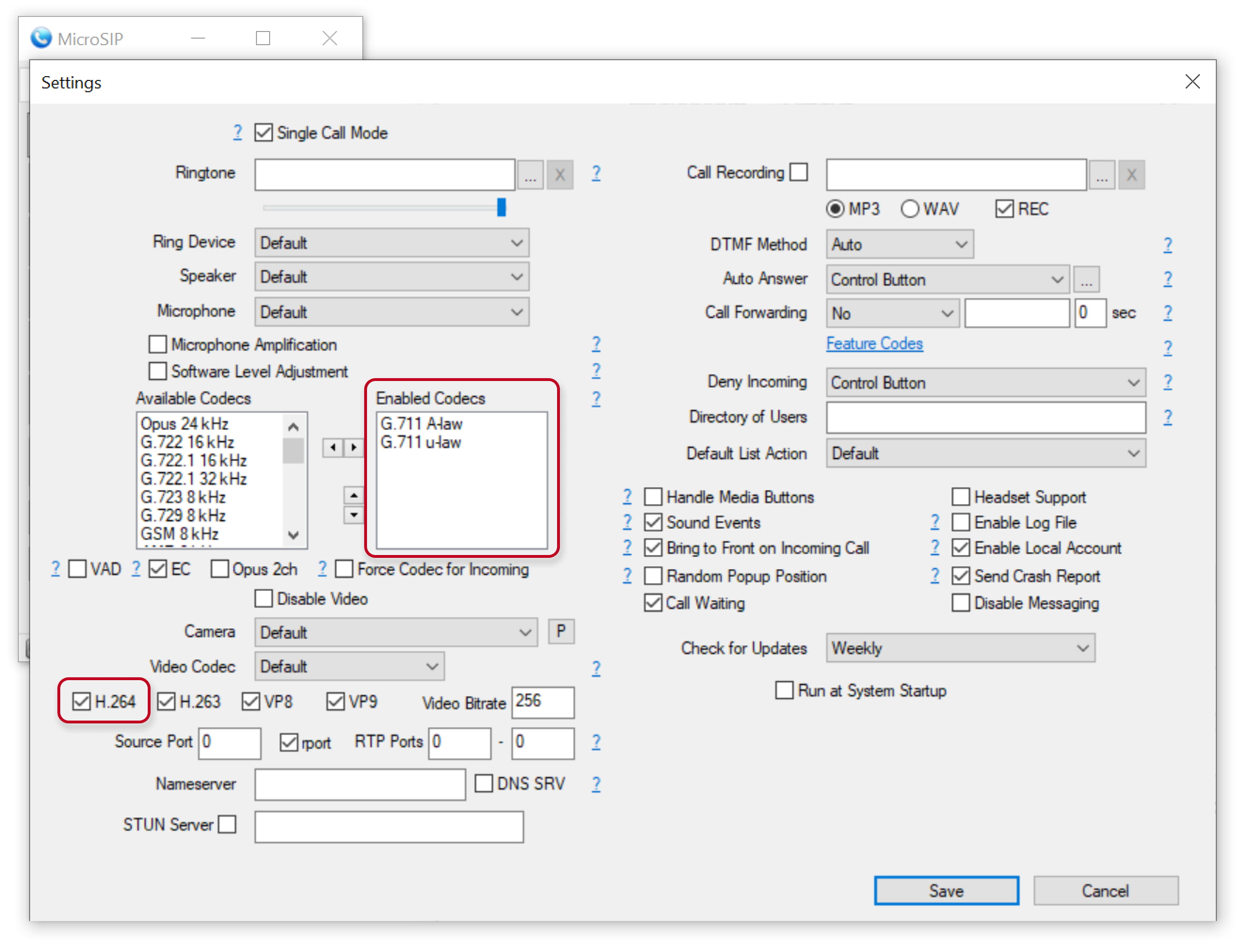 MicroSIP – Einstellungen – Codecs