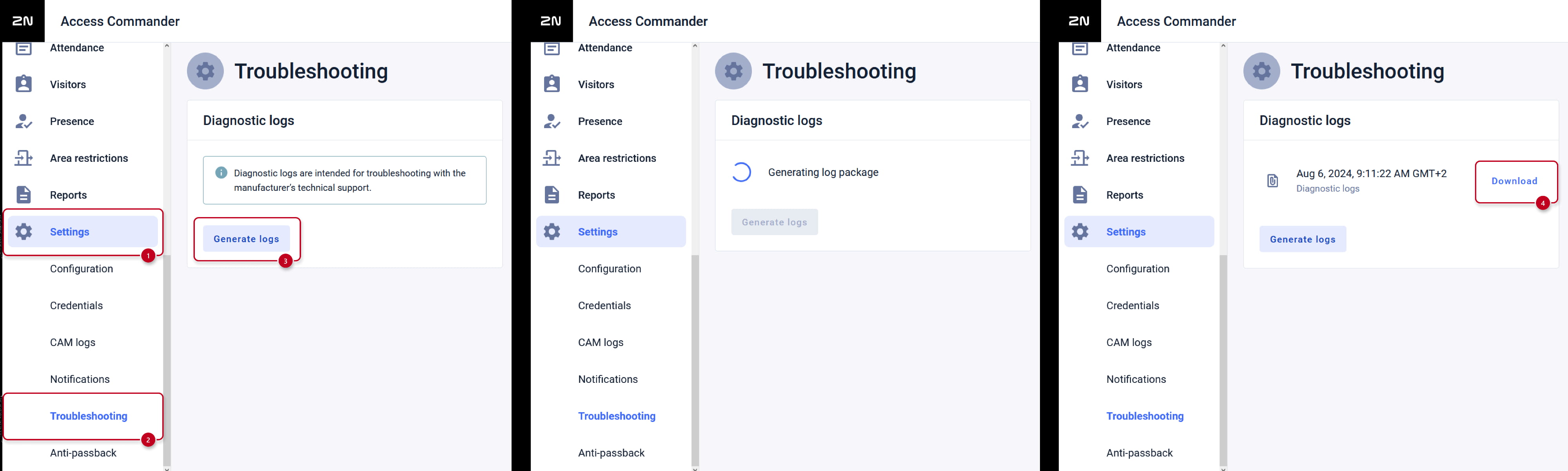 2N Access Commander – Einstellungen – Fehlerbehebung – Diagnoseprotokolle