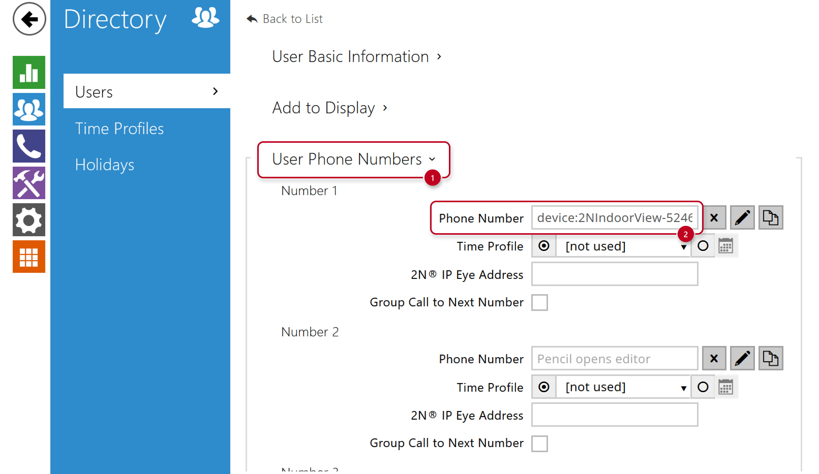 2N IP-Sprechanlagen - Verzeichnis - Benutzer - Benutzer-Telefonnummern
