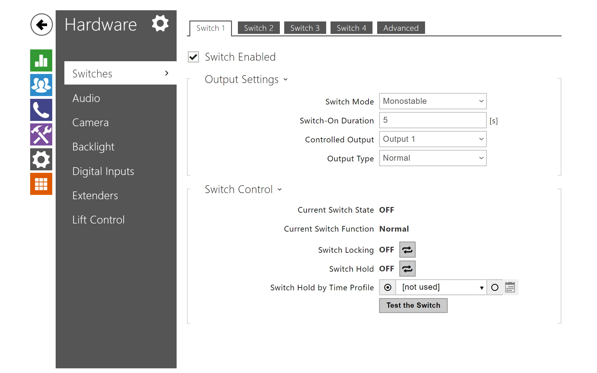 Switch settings in 2N IP intercom web interface