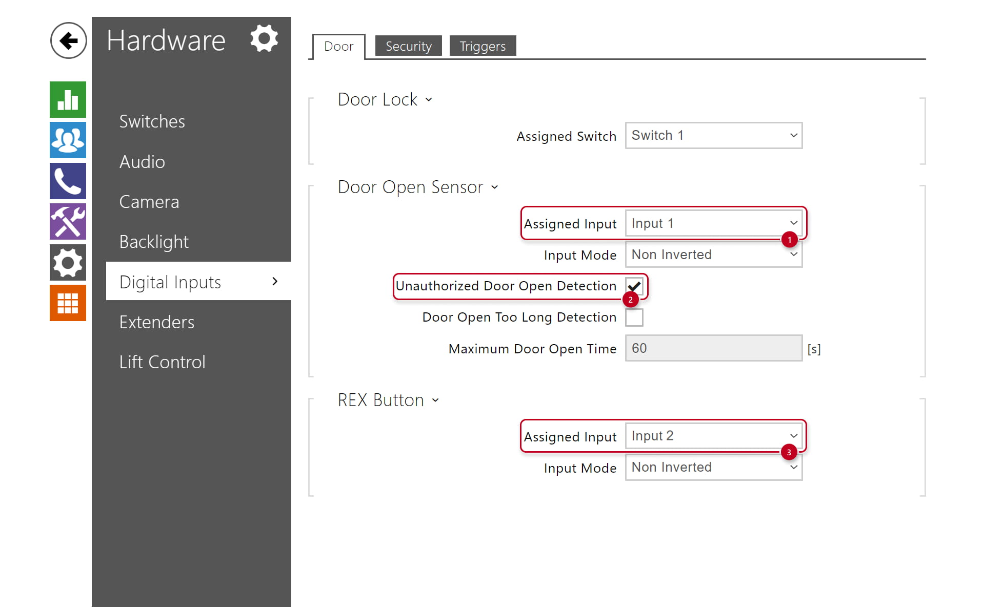 Digital input settings in 2N IP intercom web interface