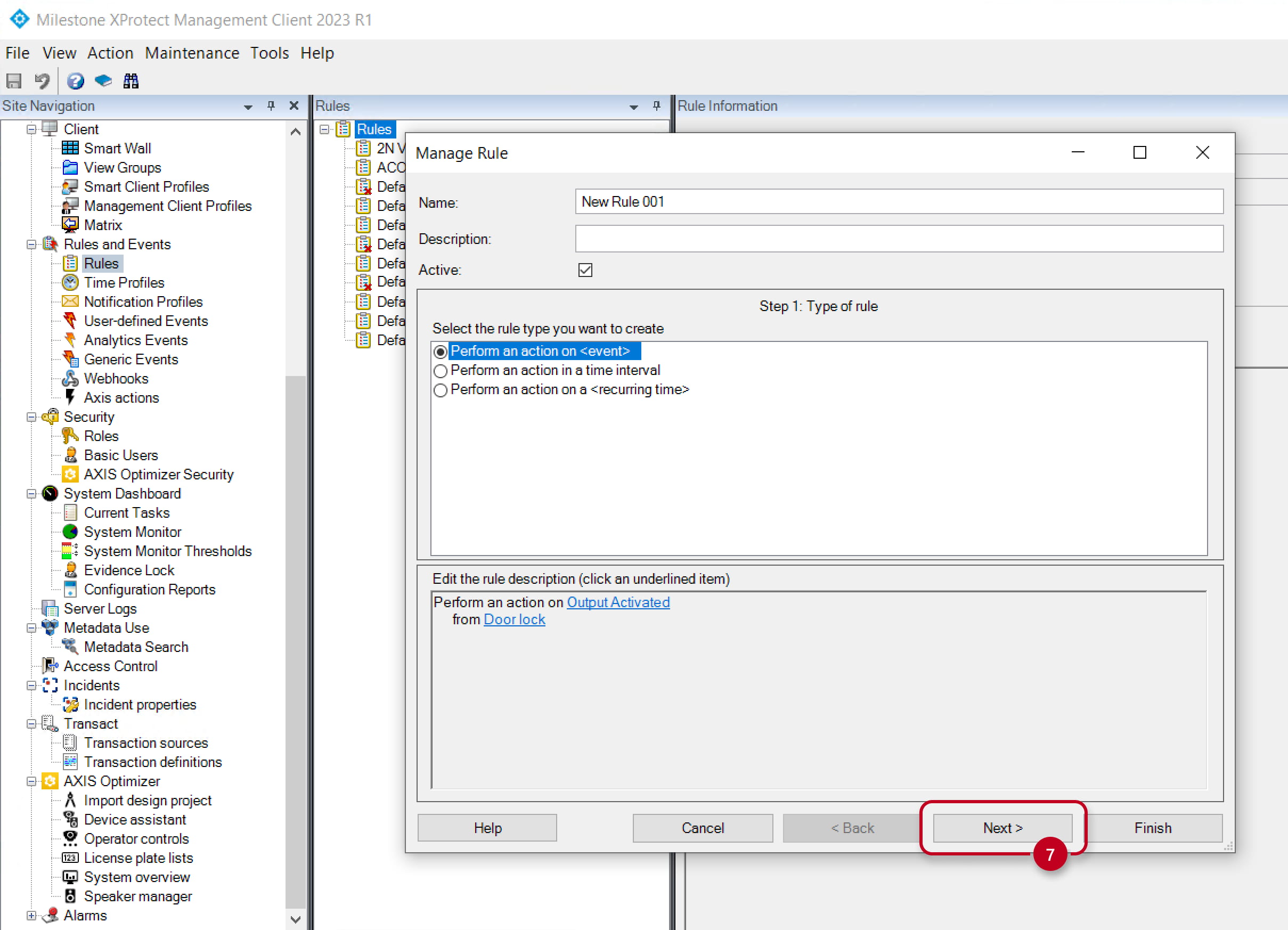 Milestone - Manage rule - which event to detect on which device periphery.