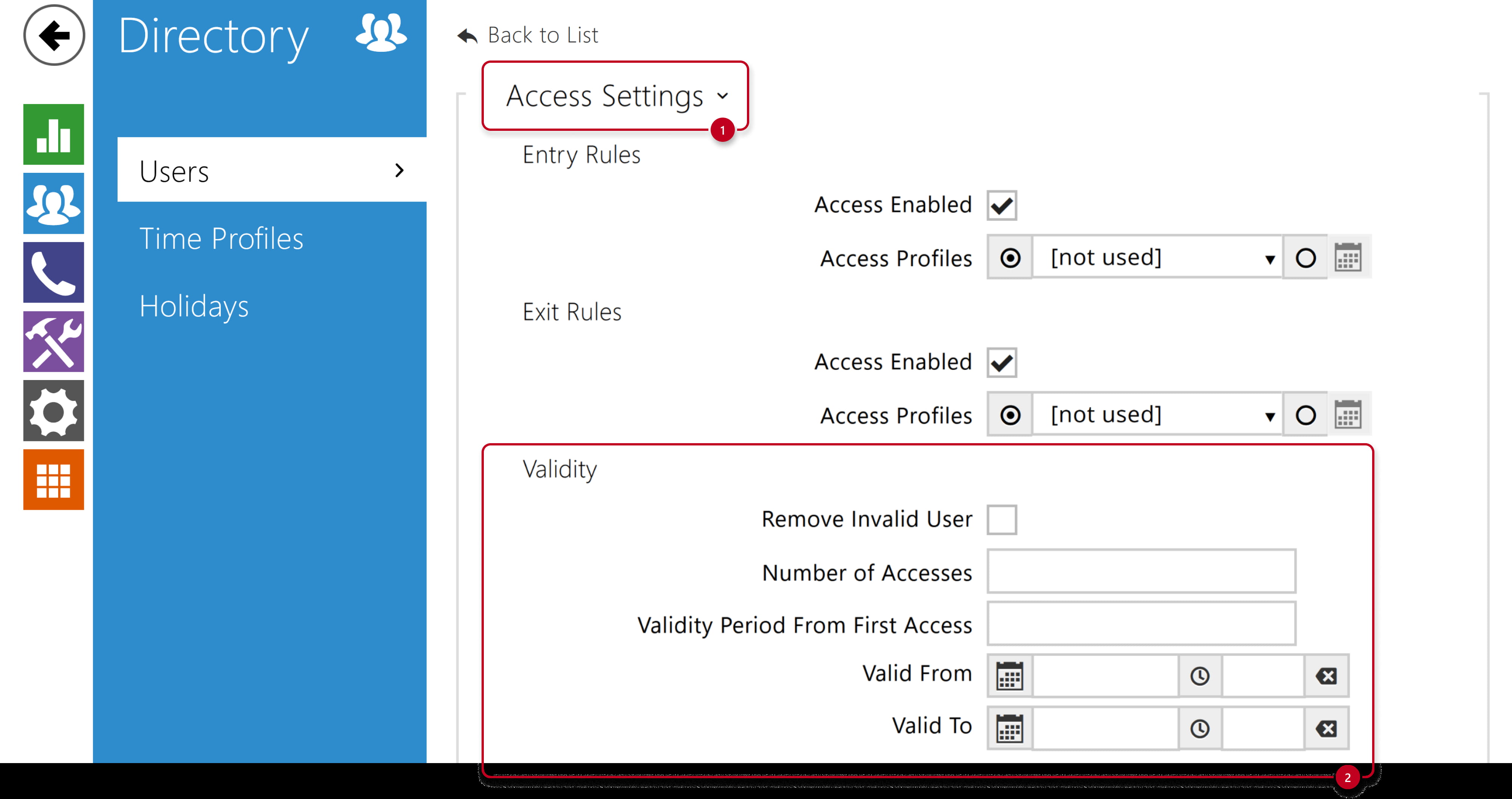 2N IP intercom - Directory - Users - Access Settings