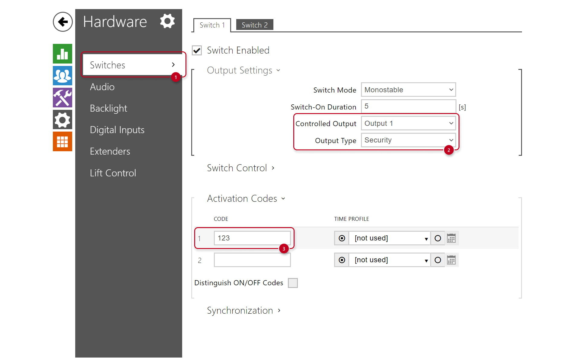 Settings of a switch of an 2N Access Unit