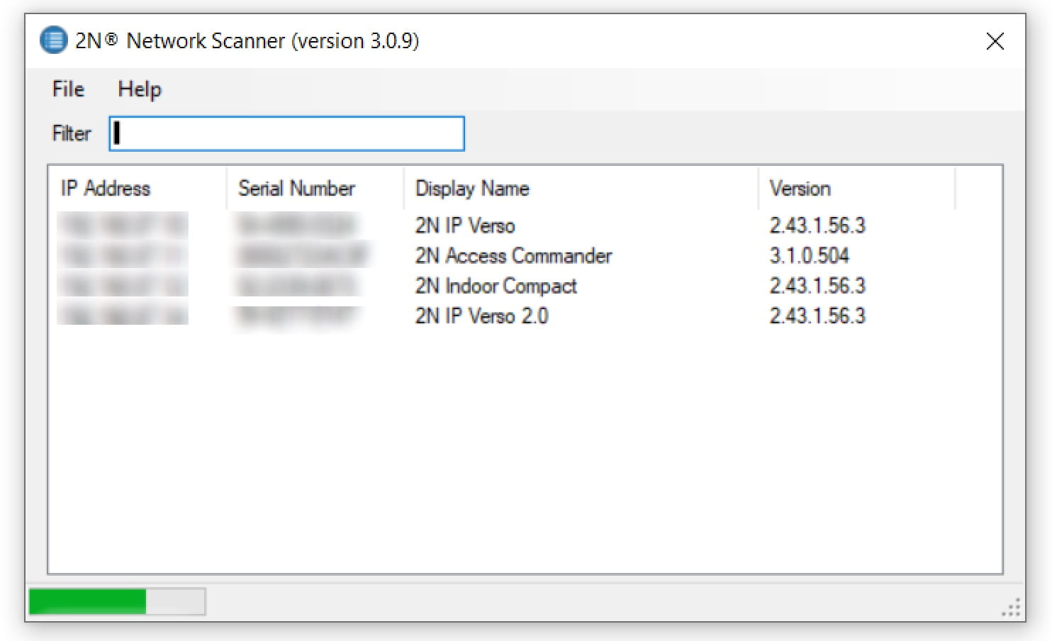 2N Network Scanner showing IP Verso, Access Commander, Indoor Compact and IP Verso 2.0 with SNs and IP adresses blurred