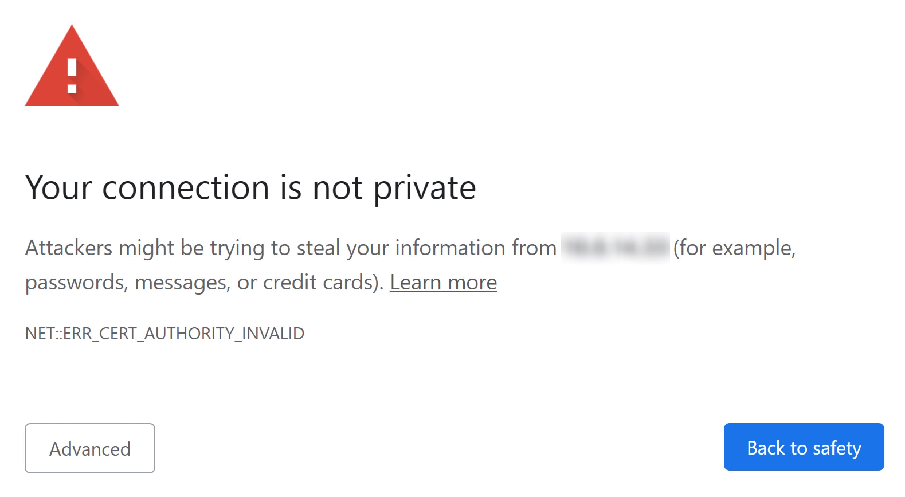 Warning message shown by an internet browser when trying to access the web interface of a 2N device, IP address is blurred.