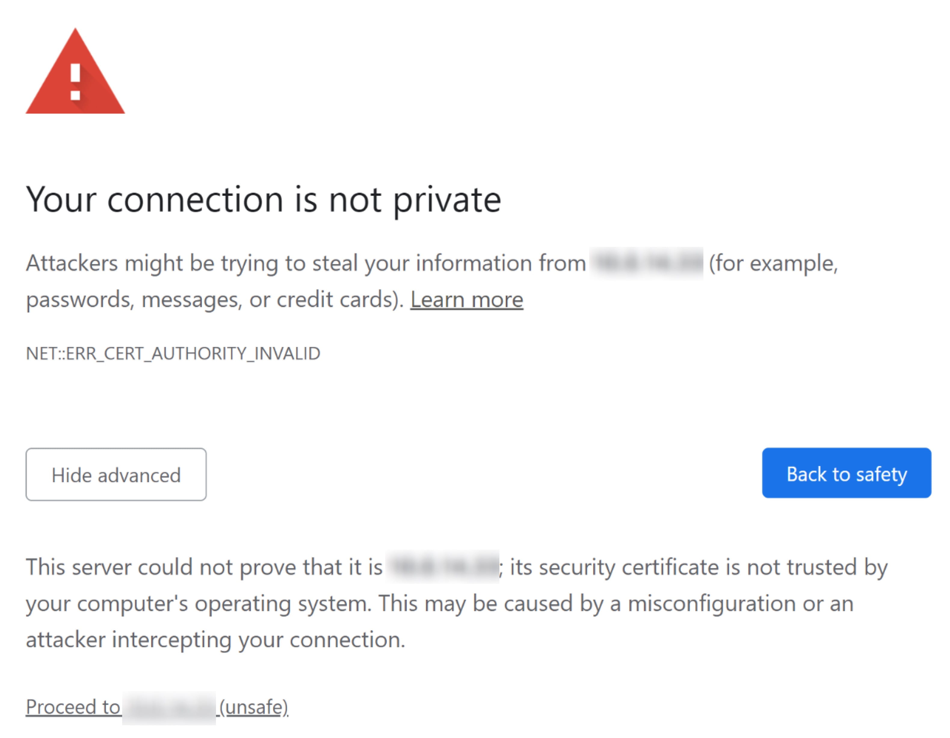 Warning message shown by an internet browser when trying to access the web interface of a 2N device after the user clicks "Advanced", IP address is blurred.