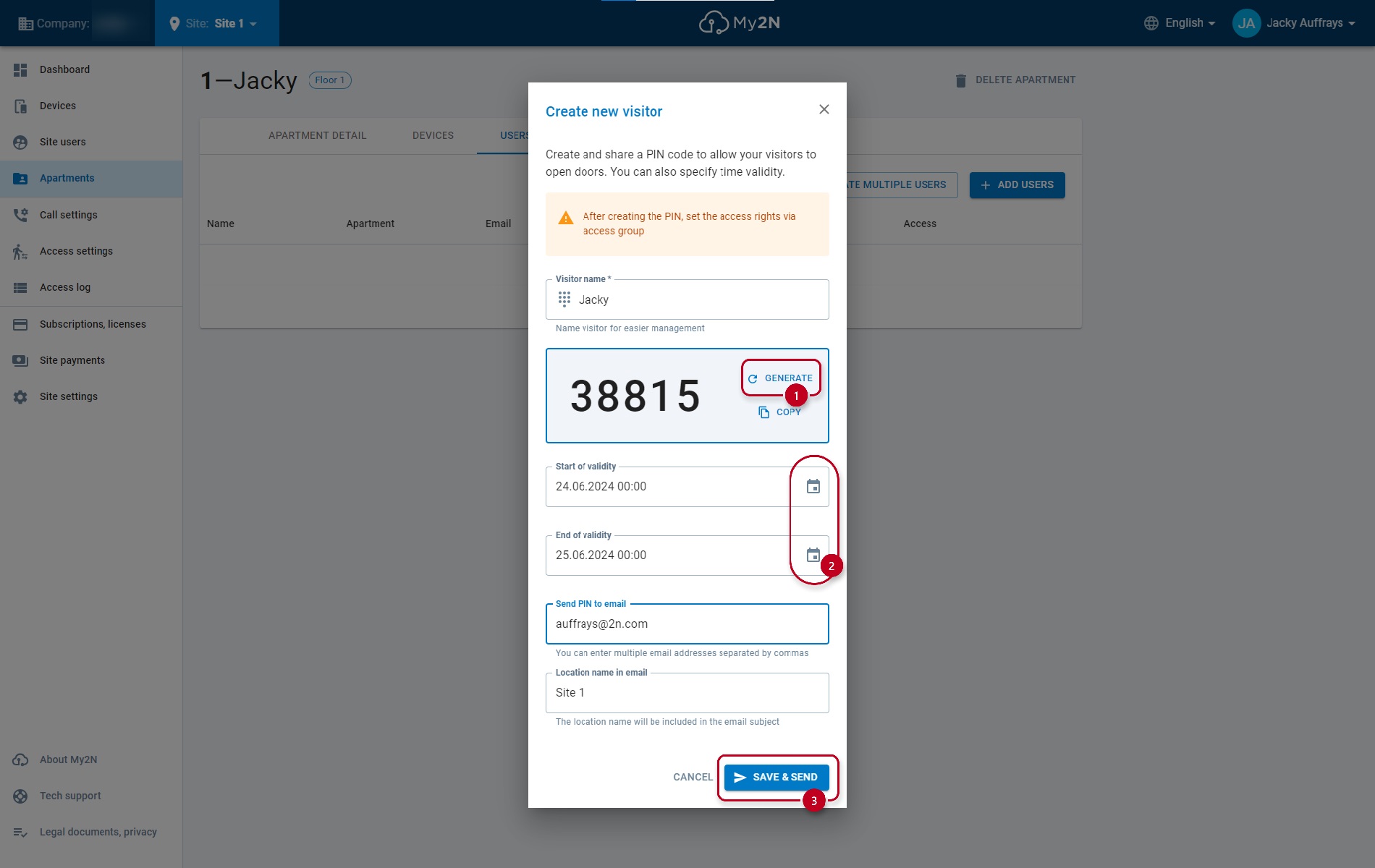 Come creare un visitatore nell'appartamento My2N - Passo 3