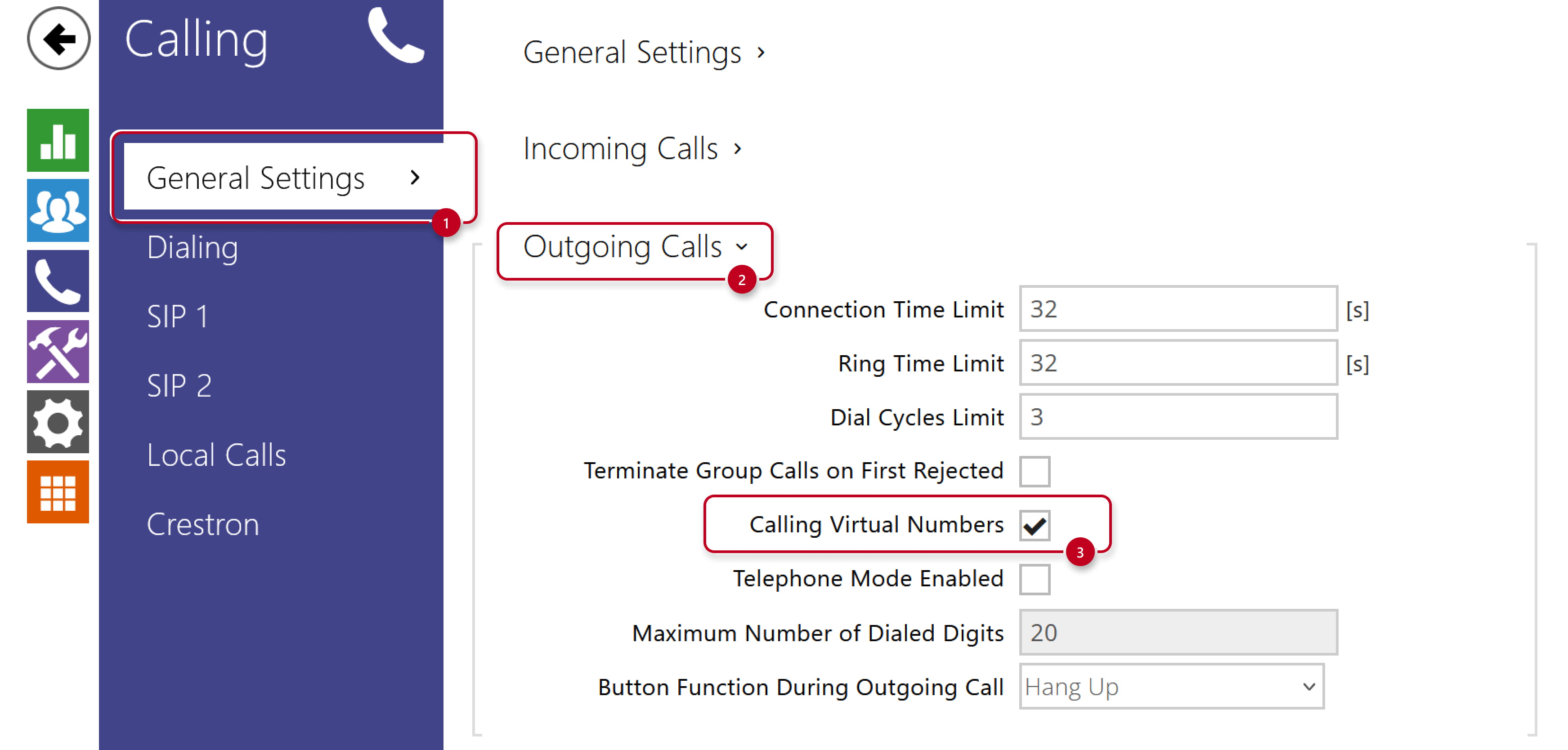 2N IP Intercom - Calling - General Settings - Outgoing Calls - Calling Virtual Numbers