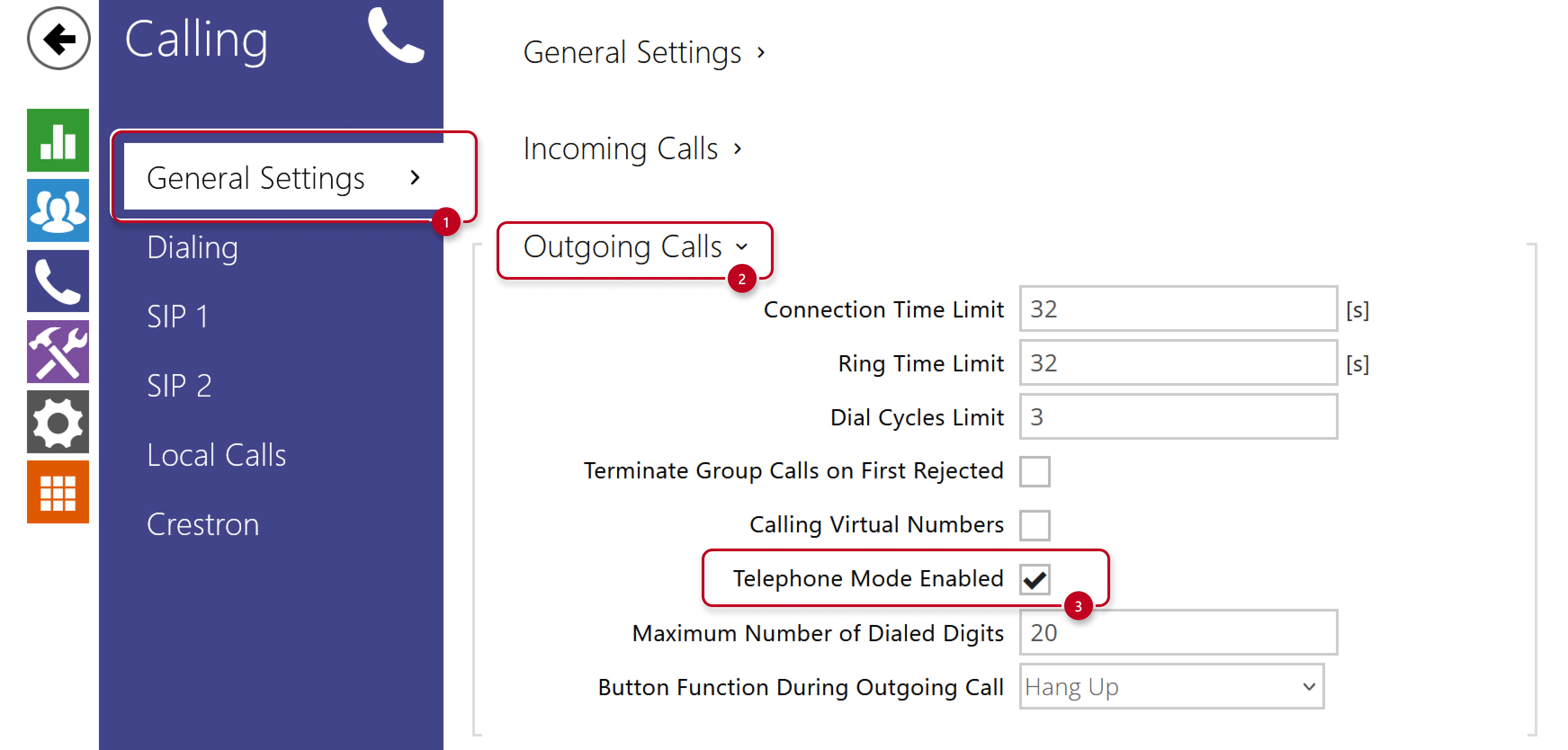 2N IP Intercom - Calling - General Settings - Outgoing Calls - Telephone Mode Enabled