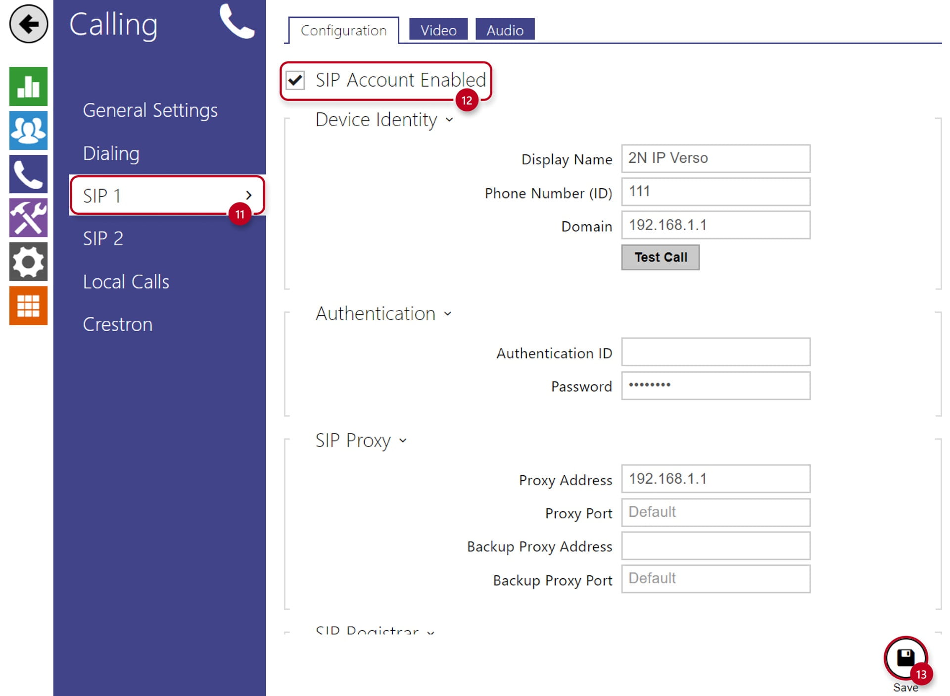 2N OS Calling General Settings SIP Account