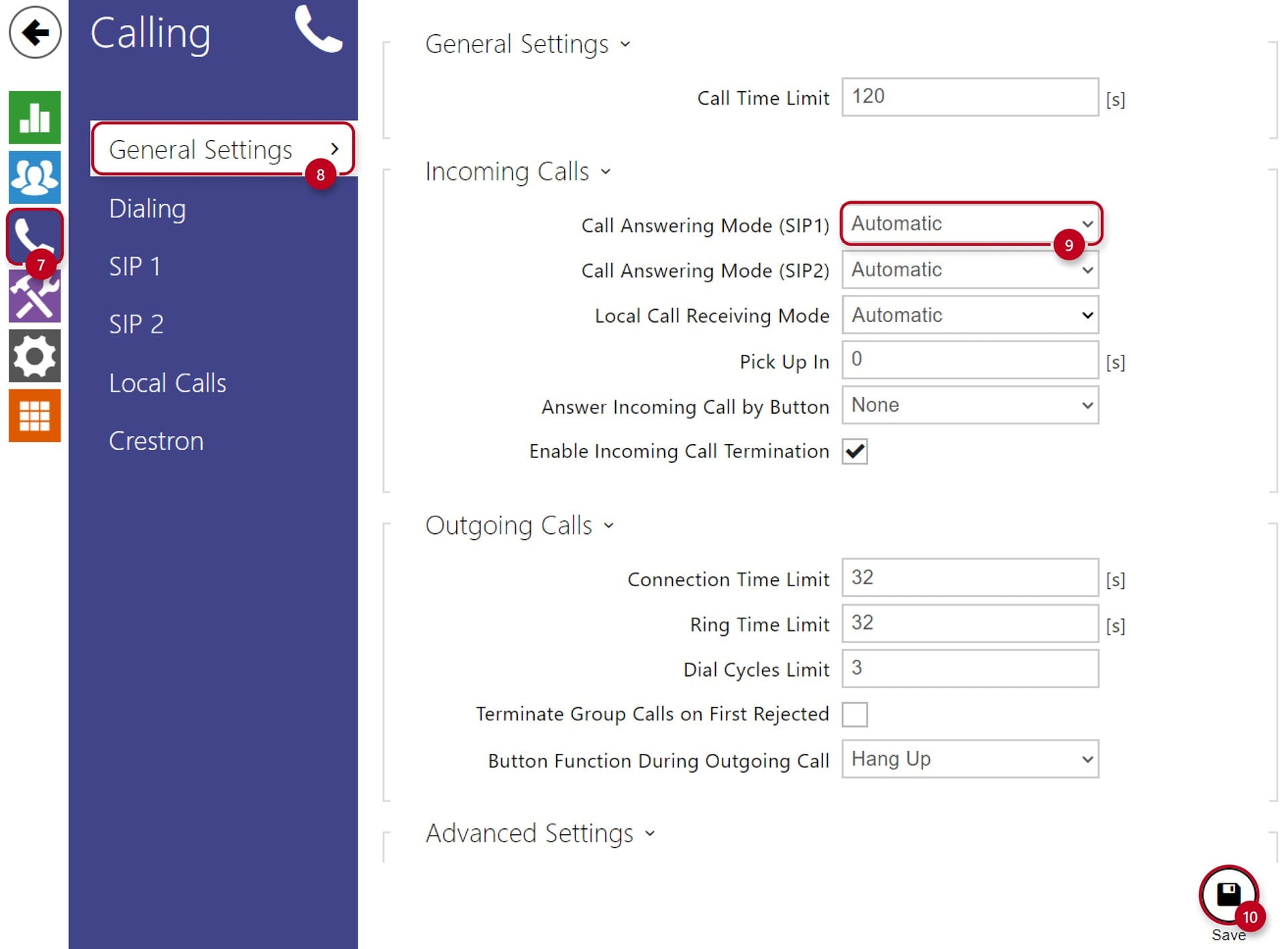 2N OS Calling General Settings Answering Modes SIP