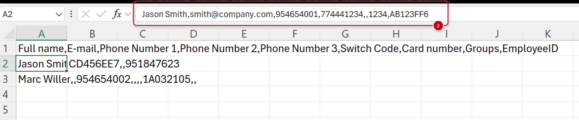 2N Access Commander - CSV import - Fill in CSV file
