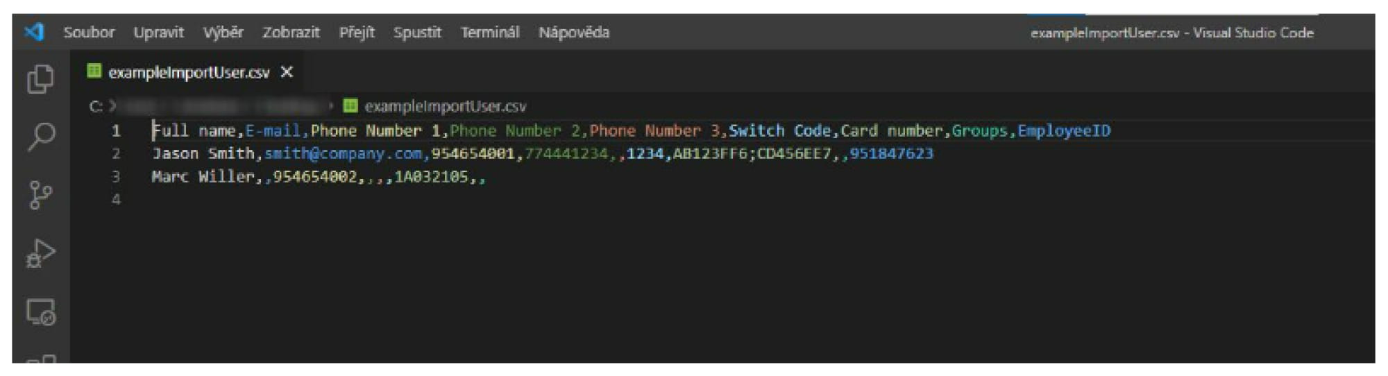 2N Access Commander - CSV import - CSV file in Visual Studio
