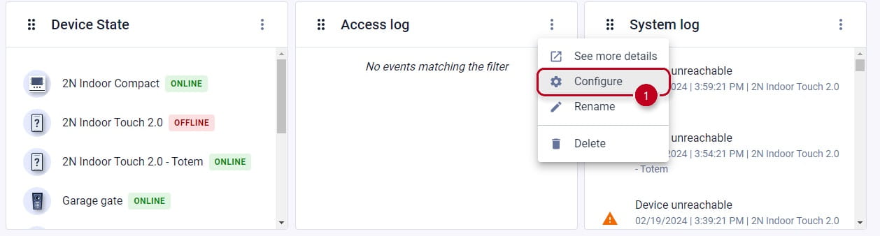 Widget "Device State", "Access Logs" and "System Logs"