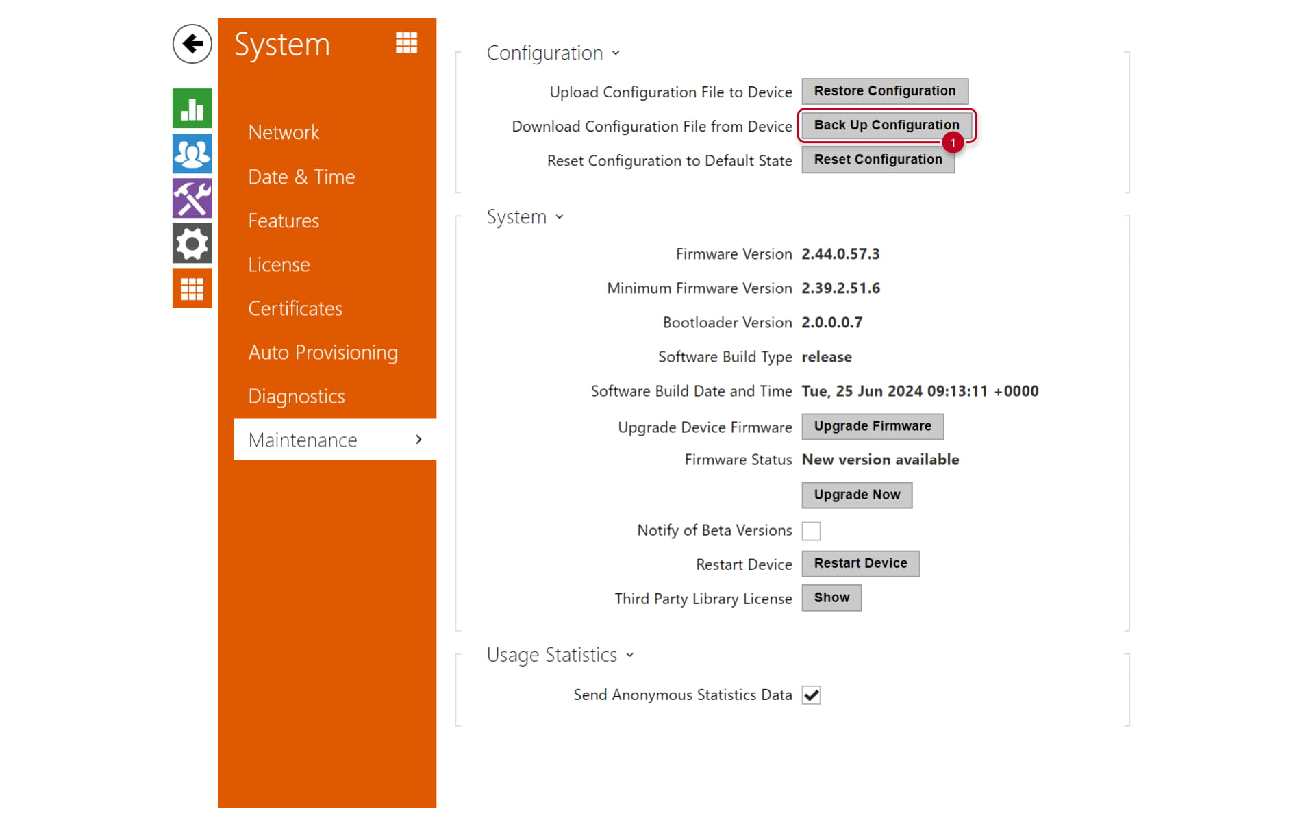 Maintenance page on an 2N Access Unit web interface back up configuration