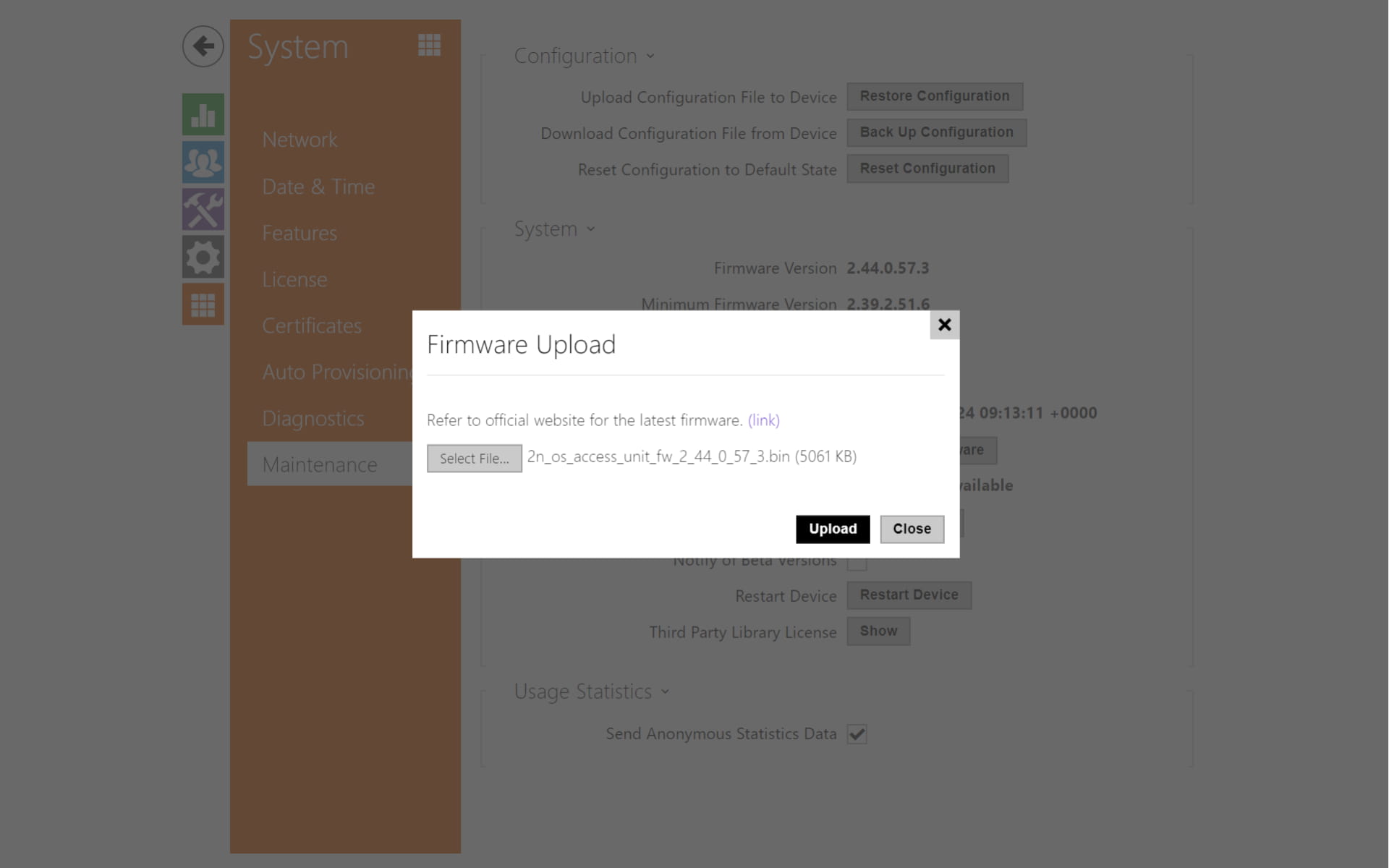 Uploading new firmware to the 2N Access Unit
