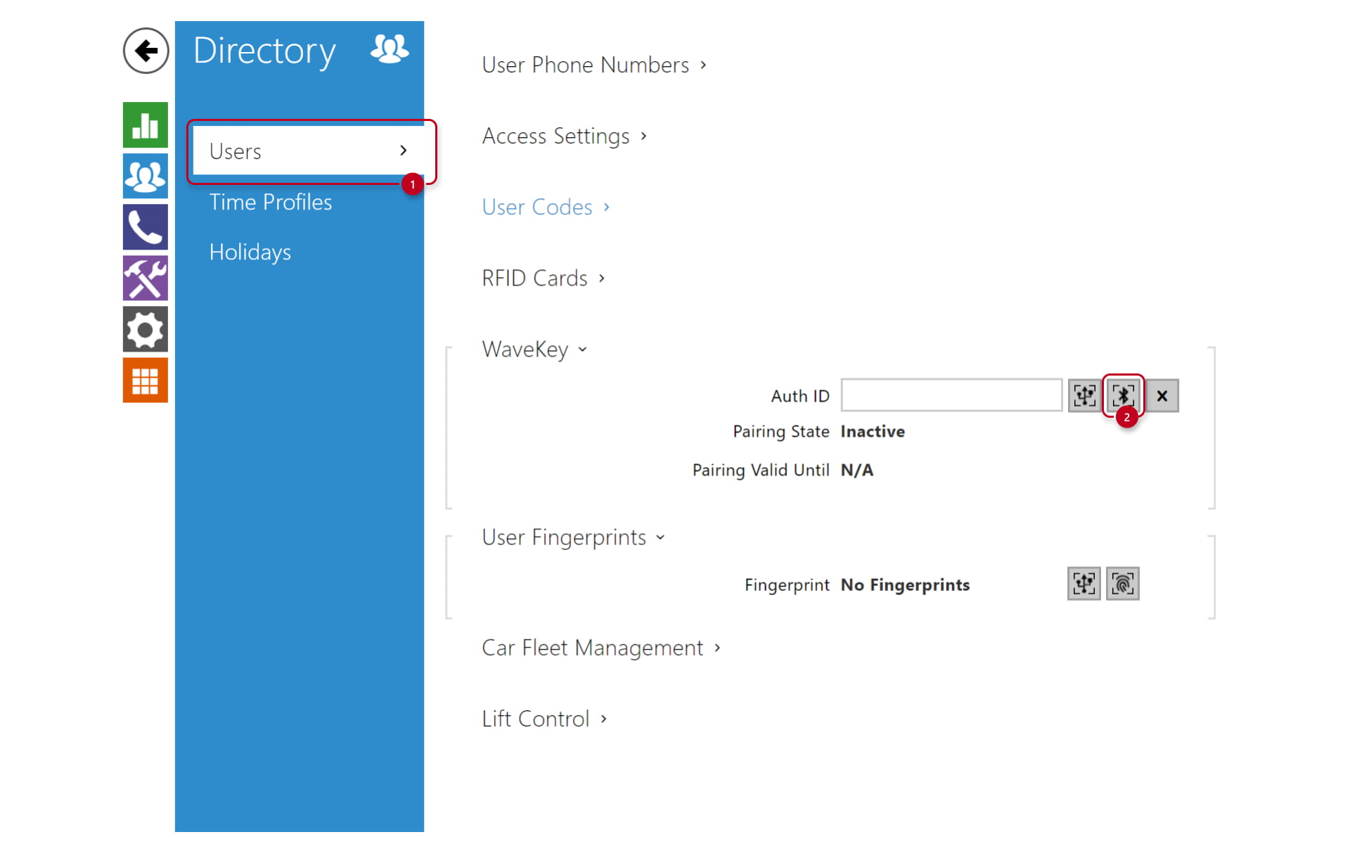 2N Intercom web interface WaveKey feature